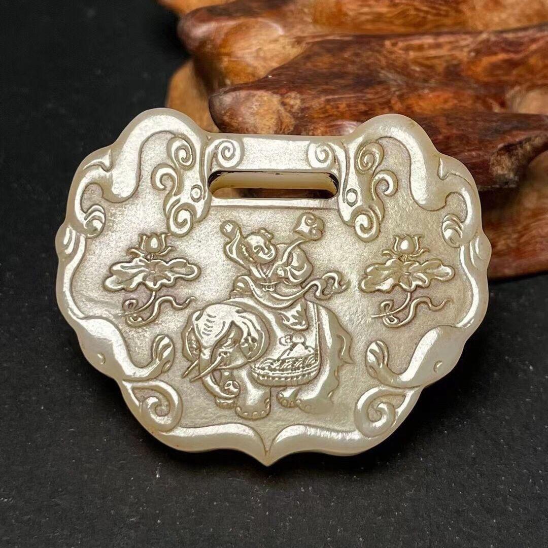 20th Century Vintage Chinese Jade Carving Kid Riding Elephant Safety Lock Pendent Jewelry For Sale