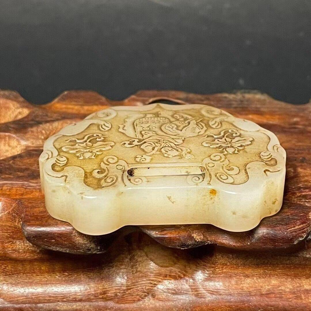 Vintage Chinese Jade Carving Kid Riding Elephant Safety Lock Pendent Jewelry For Sale 3