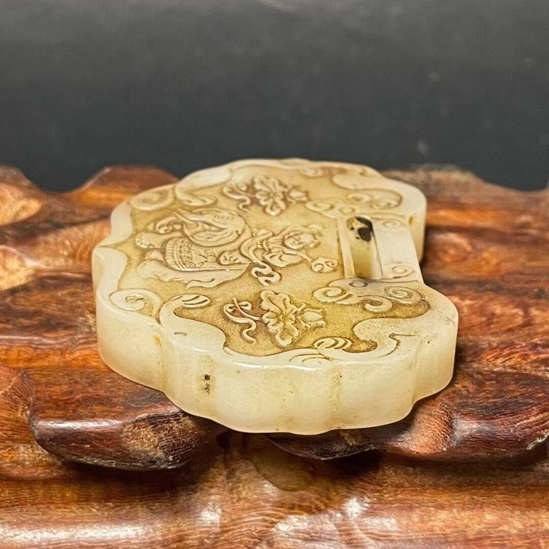 Vintage Chinese Jade Carving Kid Riding Elephant Safety Lock Pendent Jewelry For Sale 5