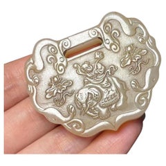 Vintage Chinese Jade Carving Kid Riding Elephant Safety Lock Pendent Jewelry
