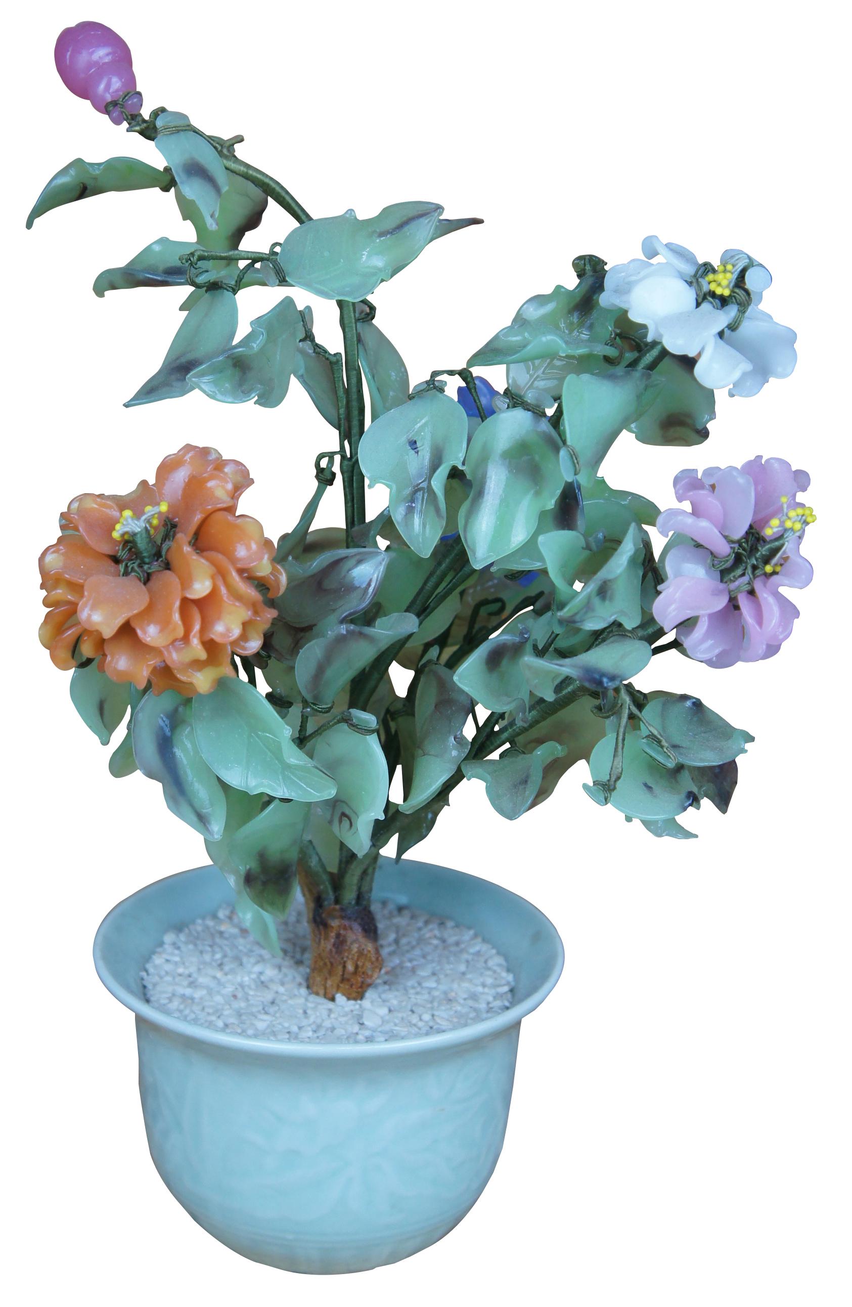 Mid 20th century Chrysanthemum & Jade bonsai tree with porcelain flower vase.
 