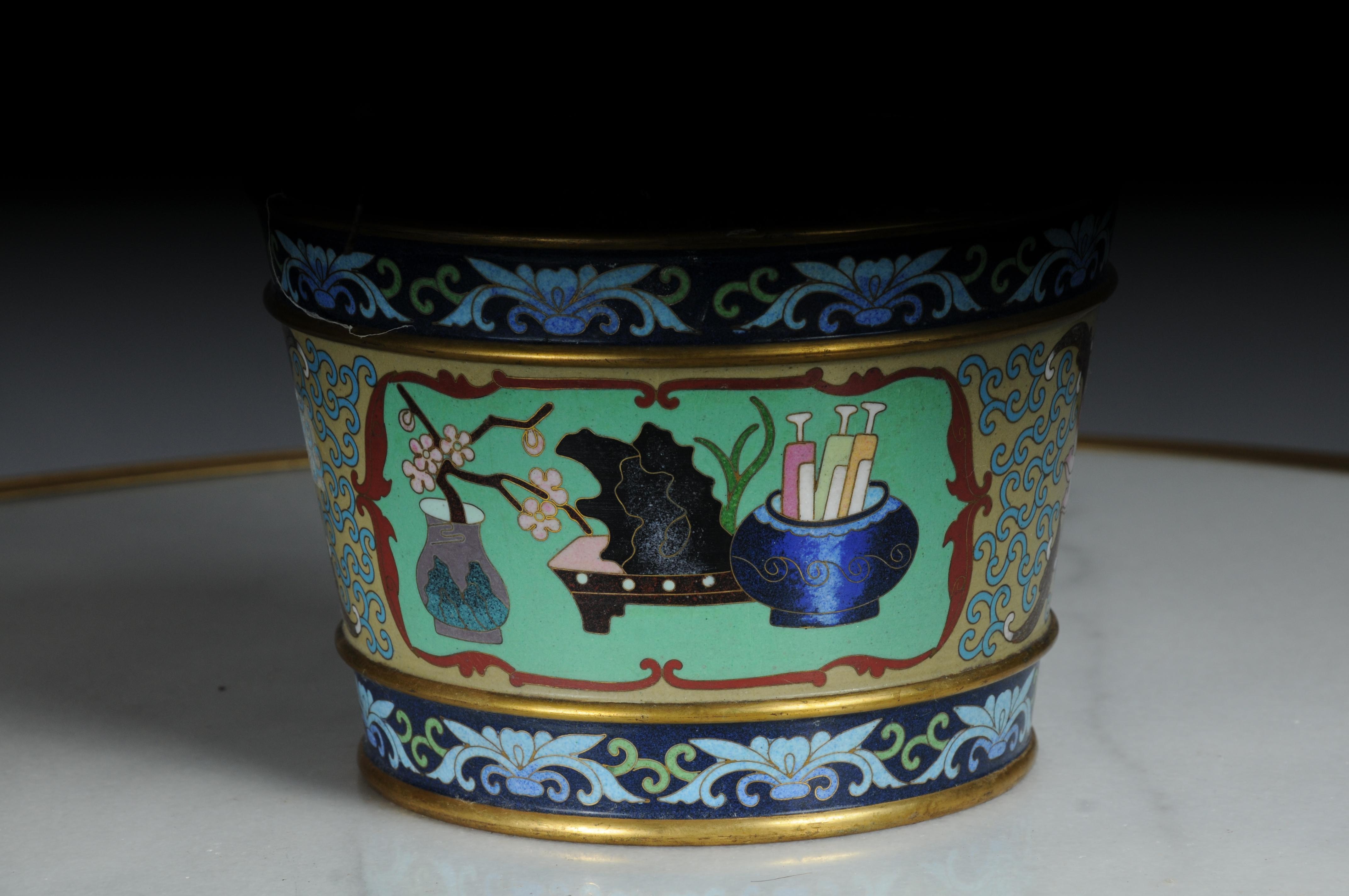 Vintage Chinese Jade Edelstein Bonsai Baum Skulptur, Cloisonné Pflanzer im Angebot 5