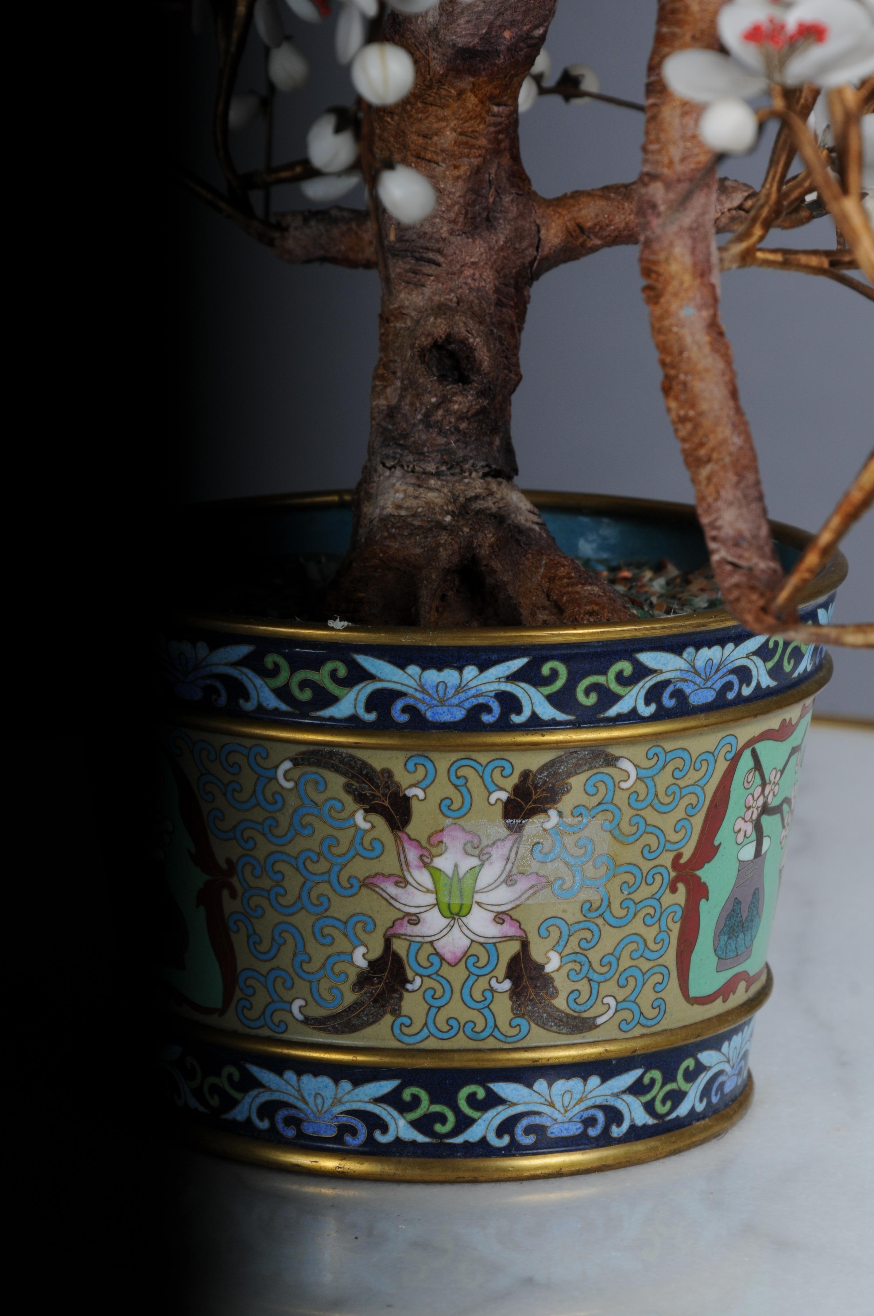 Vintage Chinese Jade Edelstein Bonsai Baum Skulptur, Cloisonné Pflanzer im Angebot 8
