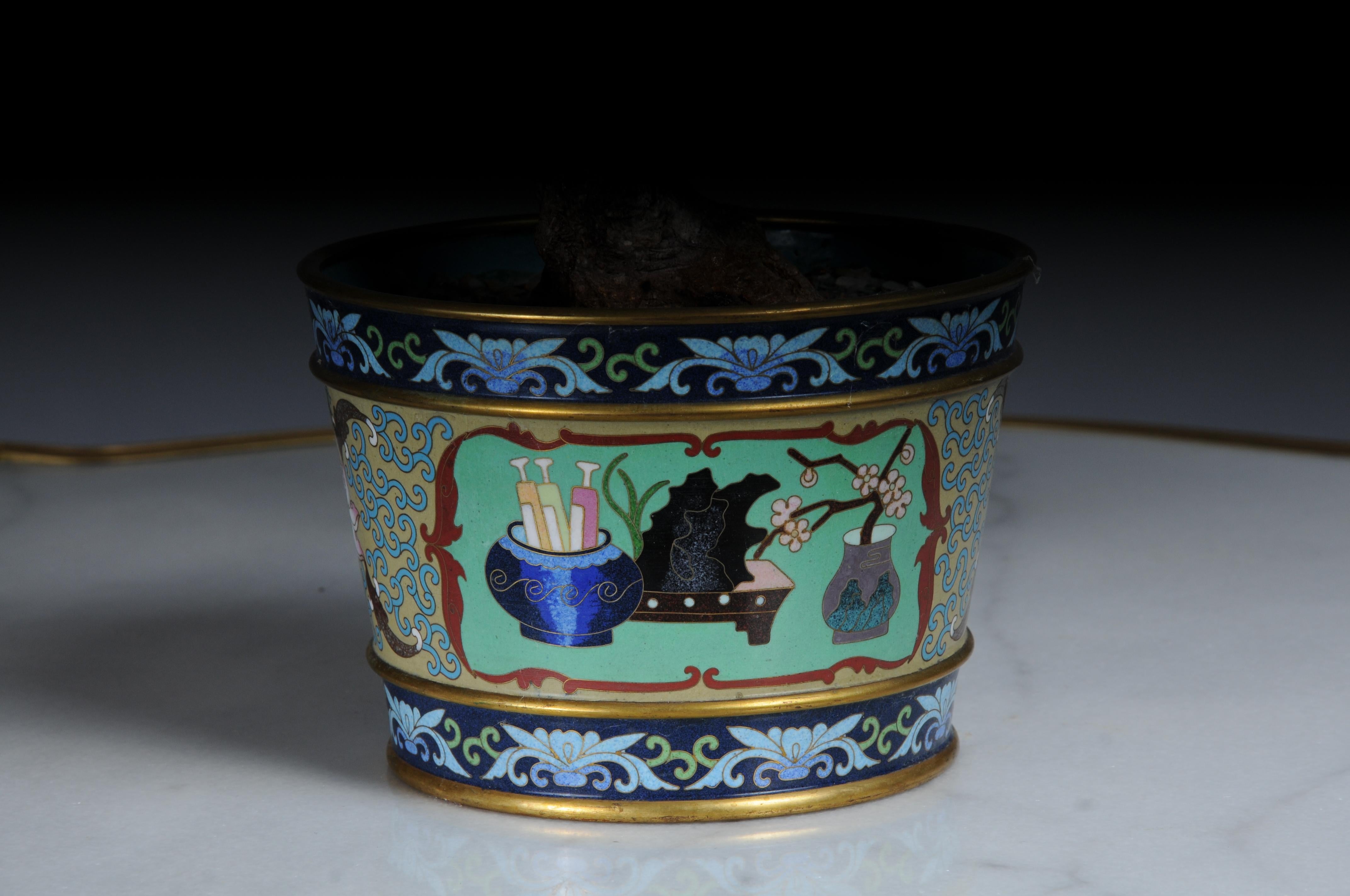 Vintage Chinese Jade Edelstein Bonsai Baum Skulptur, Cloisonné Pflanzer im Angebot 9