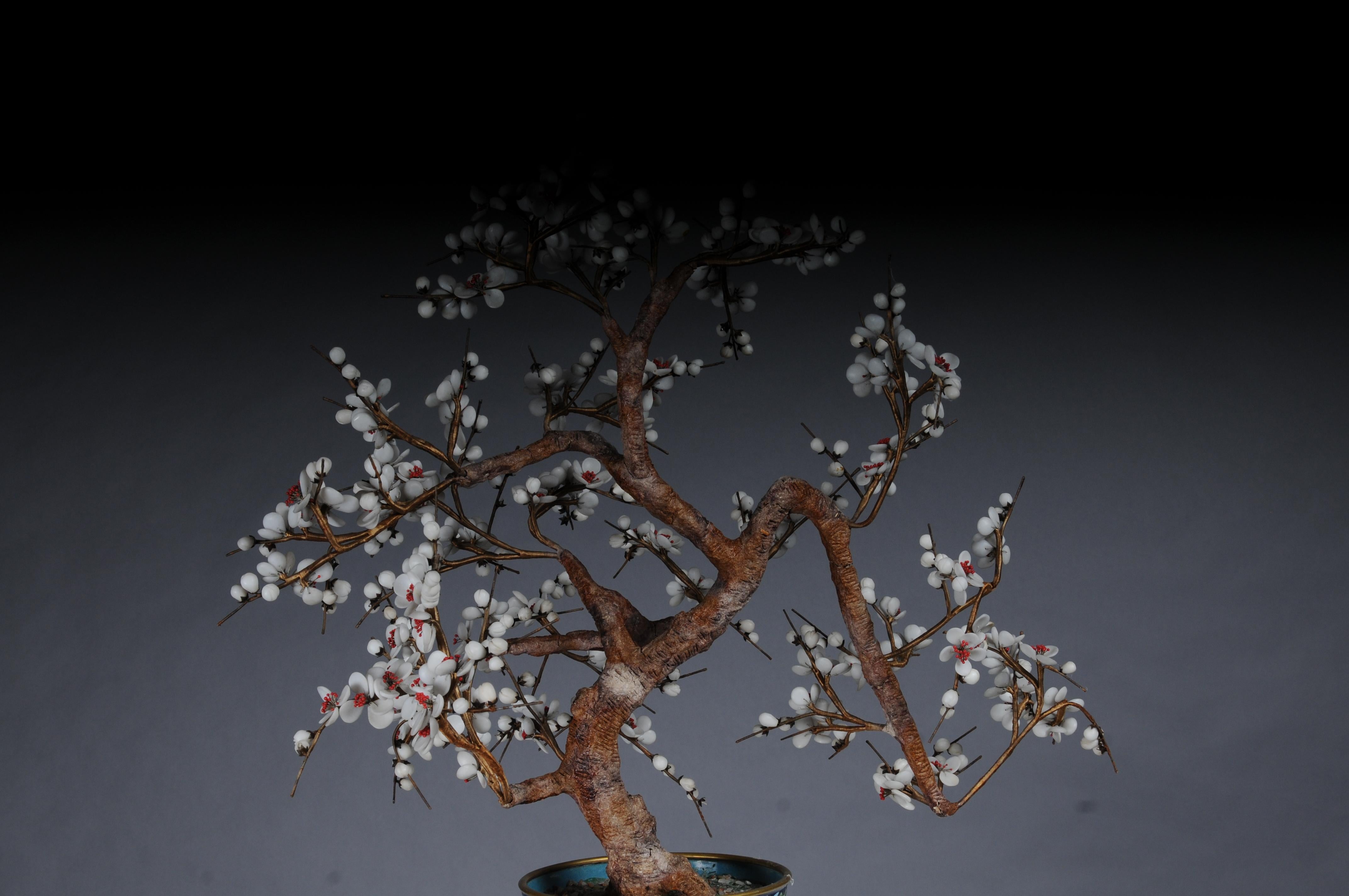 Vintage Chinese Jade Edelstein Bonsai Baum Skulptur, Cloisonné Pflanzer im Angebot 10