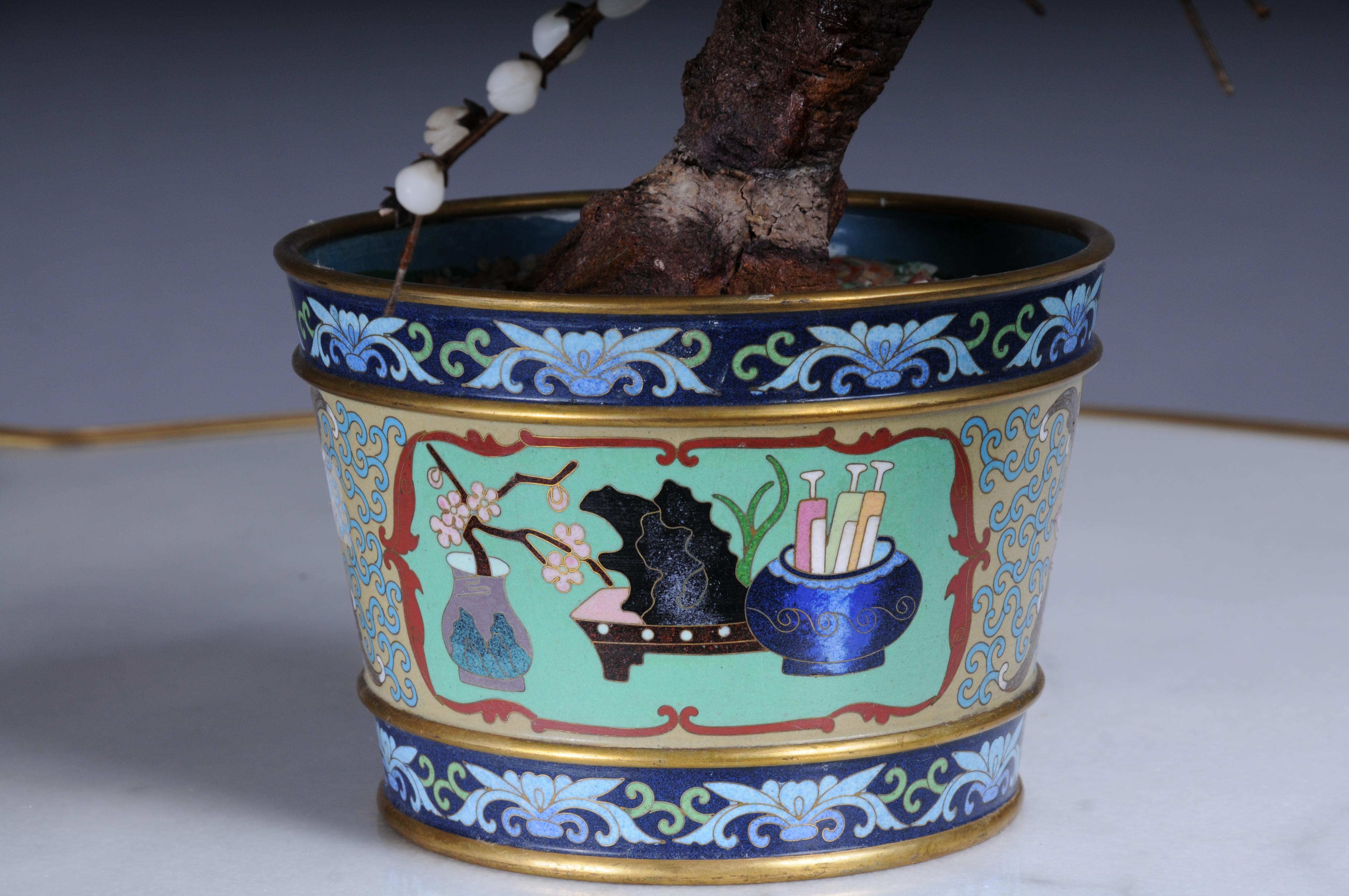 Vintage Chinese Jade Edelstein Bonsai Baum Skulptur, Cloisonné Pflanzer im Angebot 14