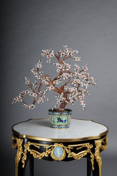 Vintage Chinese Jade Gemstone Bonsai Tree Sculpture, Cloisonné Planter