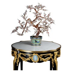 Vintage Chinese Jade Gemstone Bonsai Tree Sculpture, Cloisonné Planter