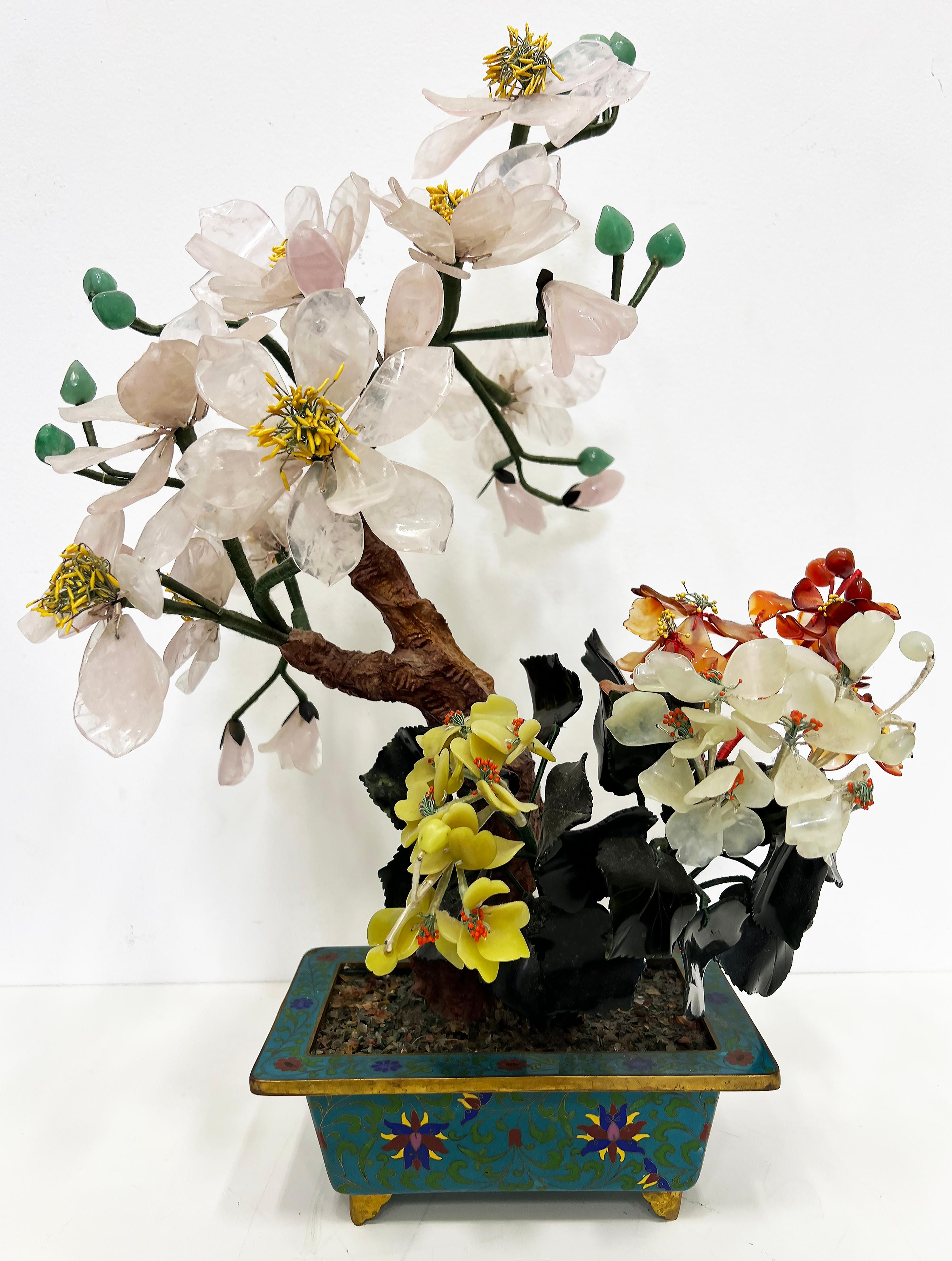 Vintage Chinese Jade Precious Stone Bonsai Tree Sculpture, Cloisonné Planter For Sale 8