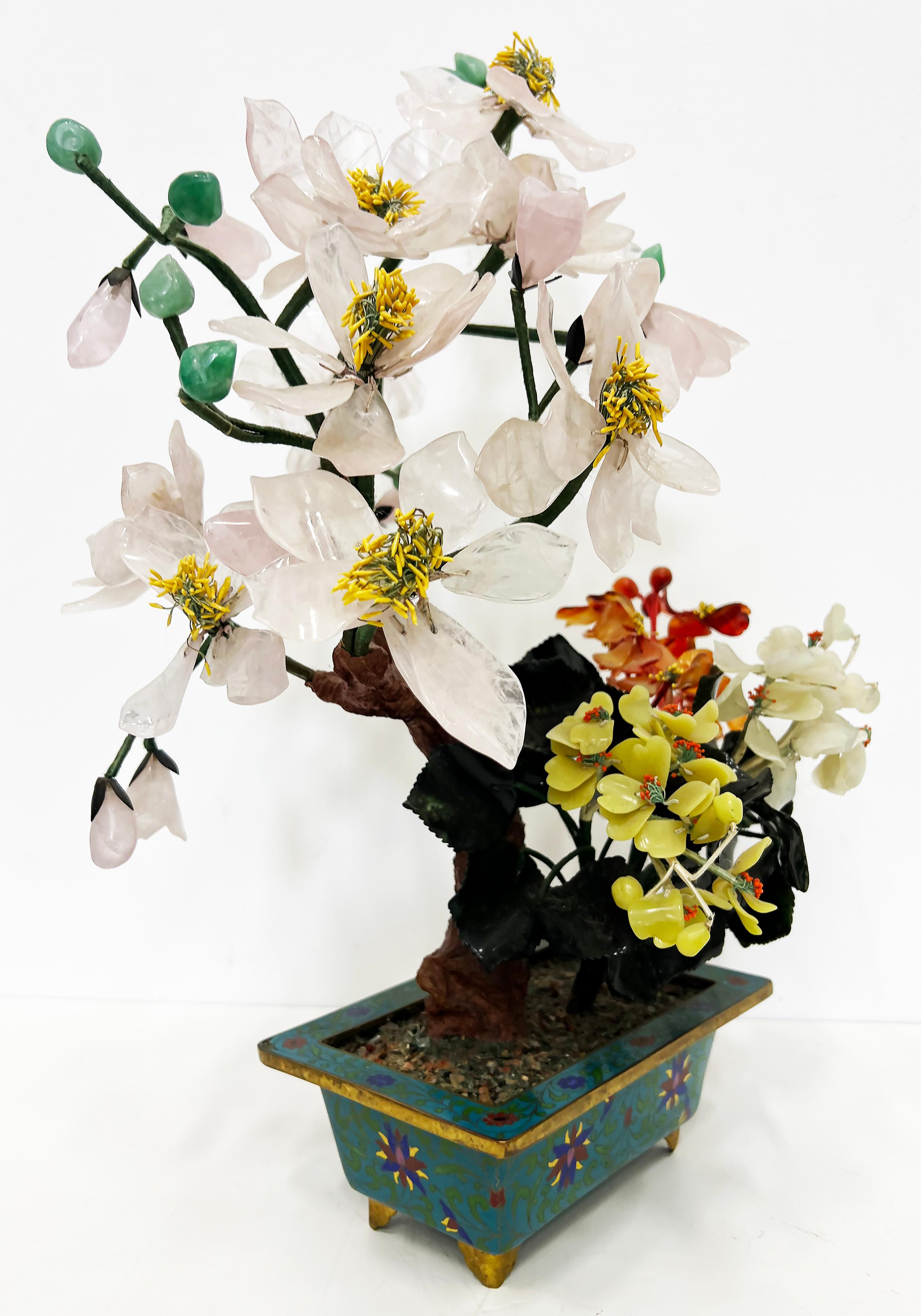 Vintage Chinese Jade Precious Stone Bonsai Tree Sculpture, Cloisonné Planter In Good Condition For Sale In Miami, FL