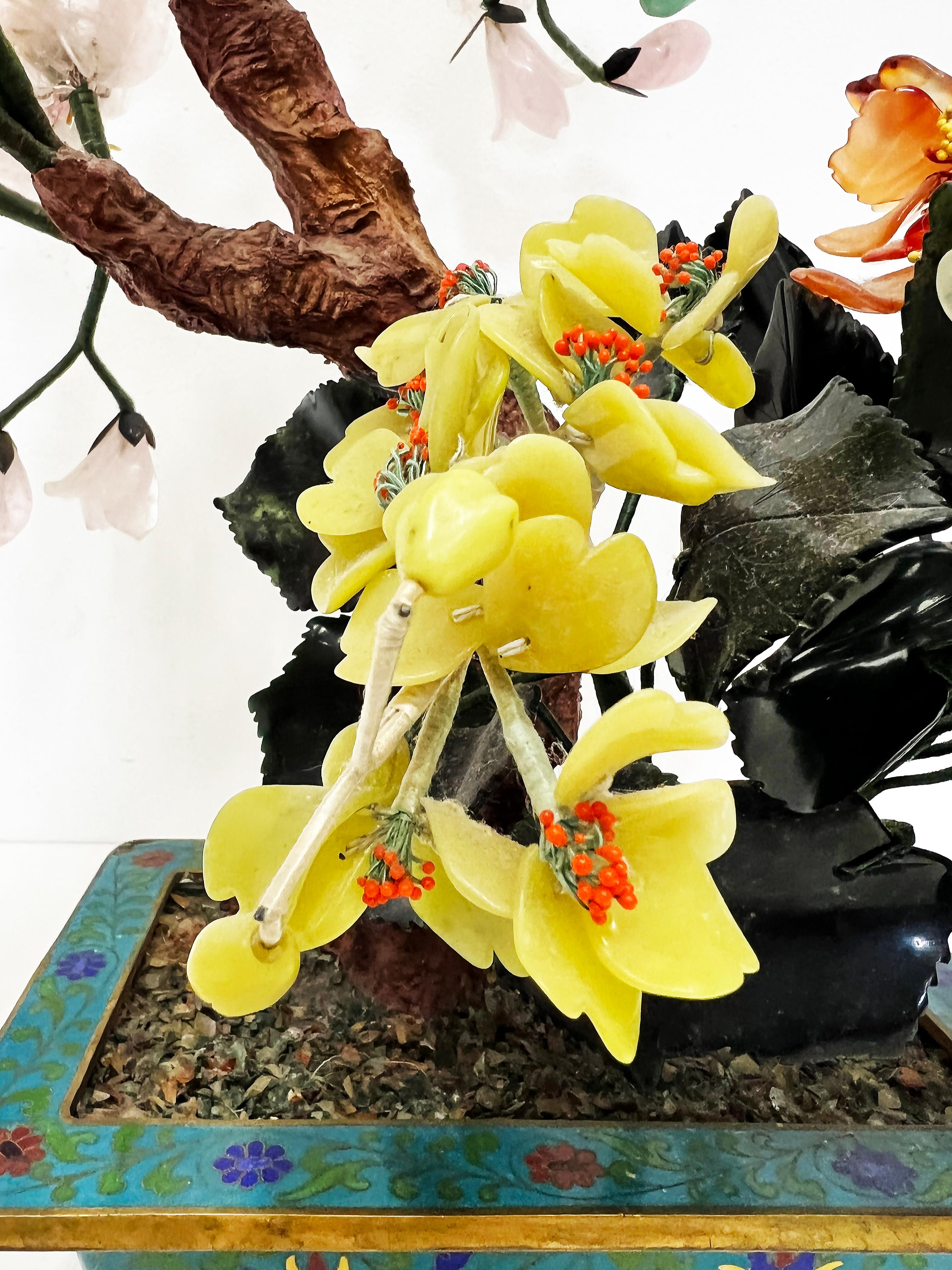 Vintage Chinese Jade Precious Stone Bonsai Tree Sculpture, Cloisonné Planter In Good Condition For Sale In Miami, FL