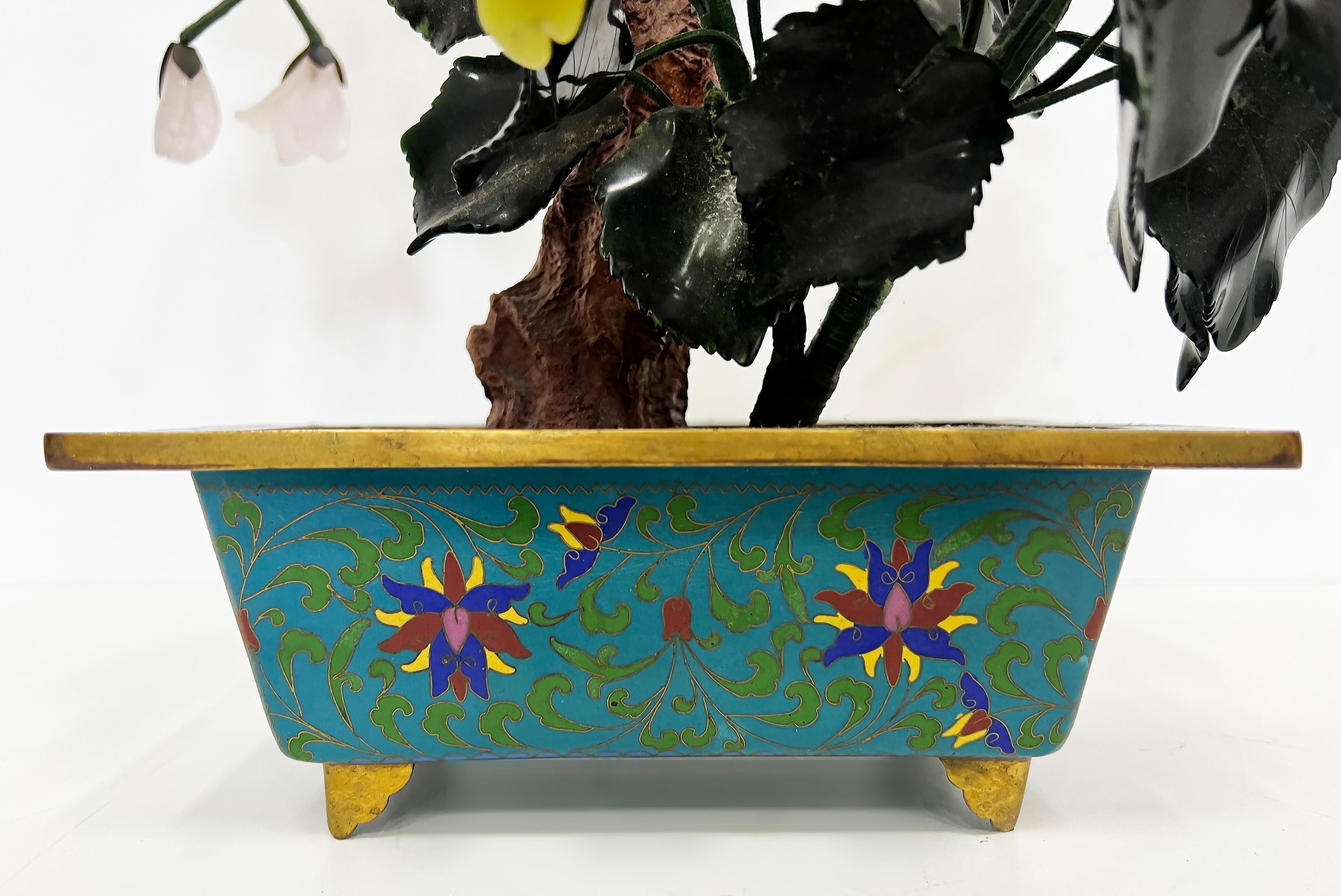 Late 20th Century Vintage Chinese Jade Precious Stone Bonsai Tree Sculpture, Cloisonné Planter For Sale
