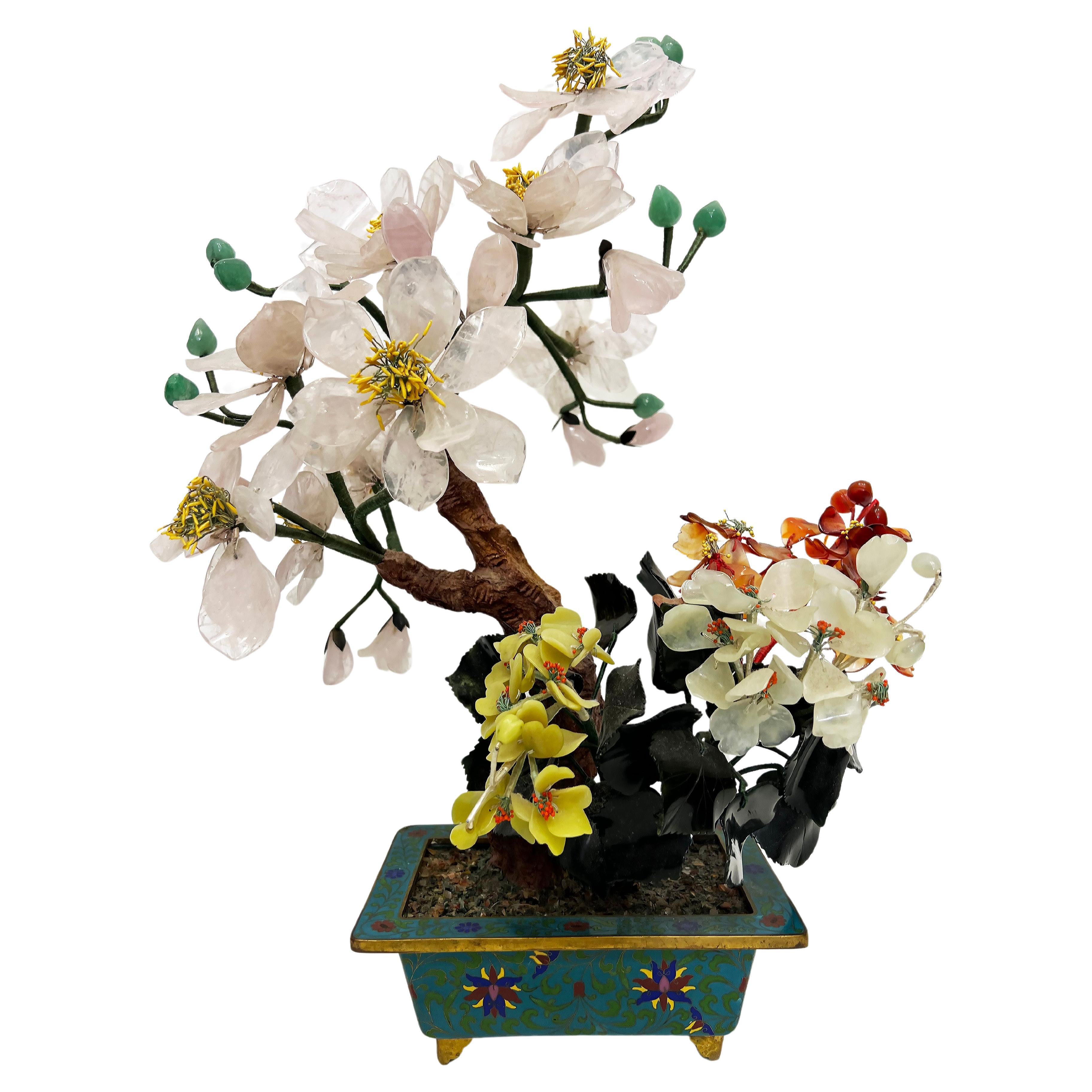 Vintage Chinese Jade Precious Stone Bonsai Tree Sculpture, Cloisonné Planter For Sale