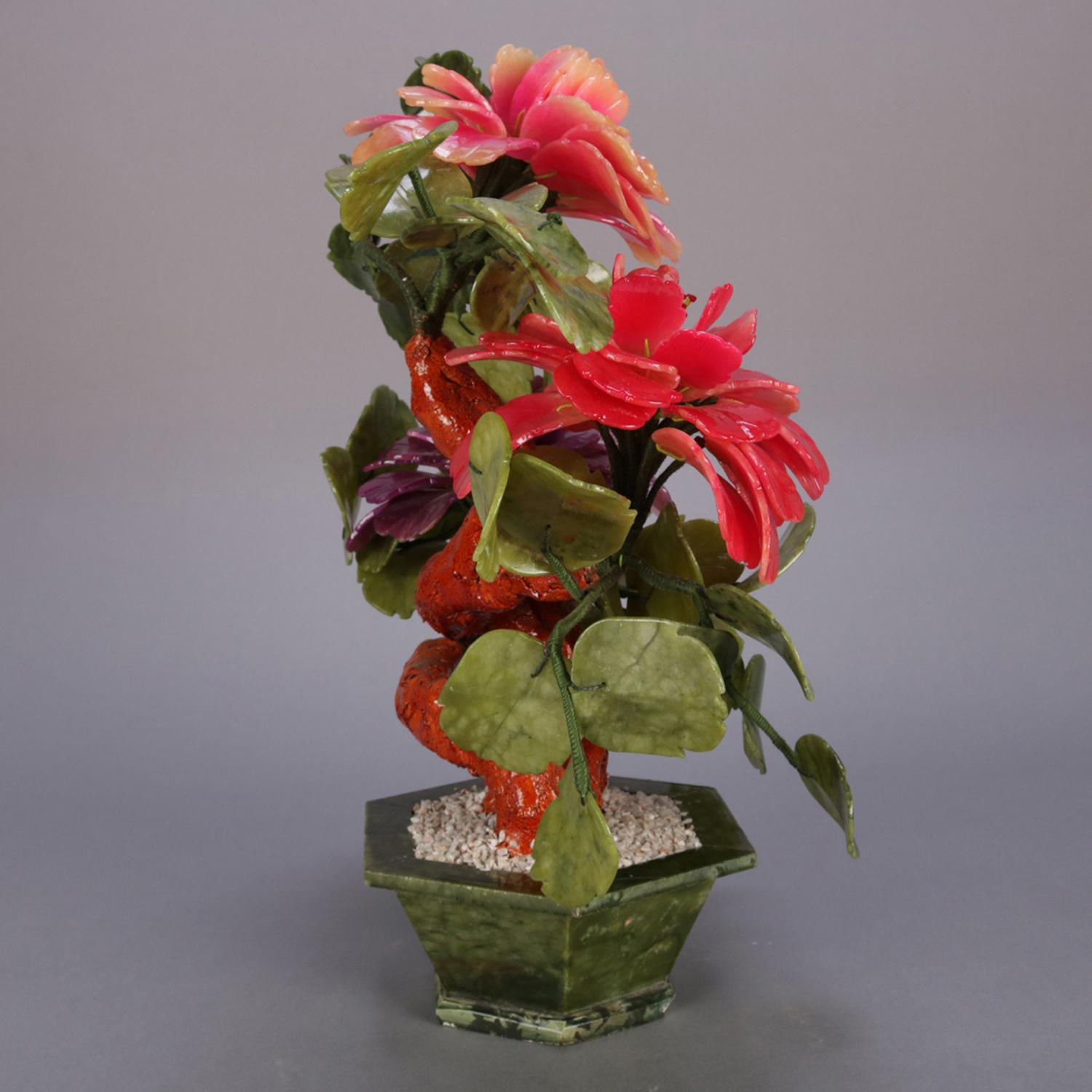 Vintage Chinese Jade Tree Sculpture with Peonies, 20th Century at 1stDibs