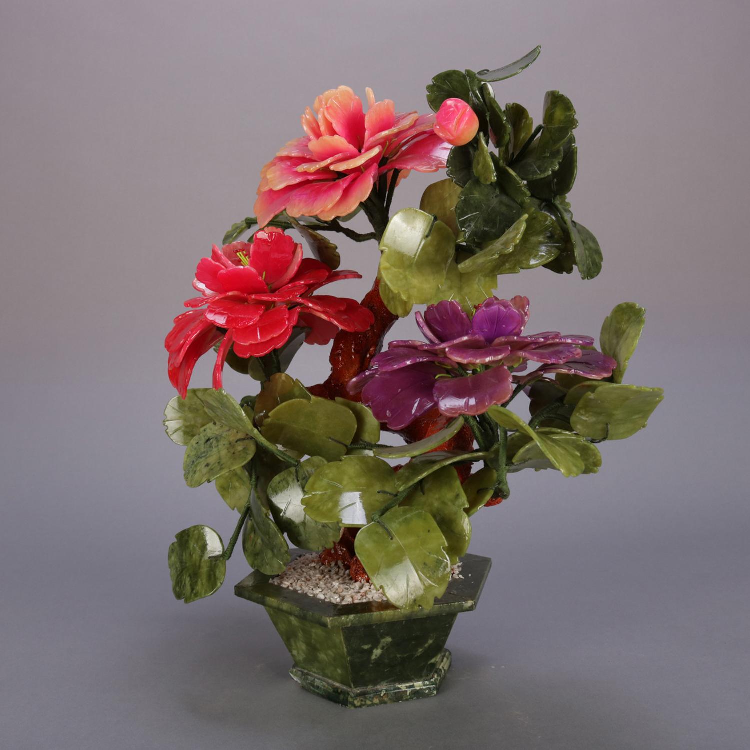 Vintage Chinese Jade Tree Sculpture with Peonies, 20th Century at 1stDibs