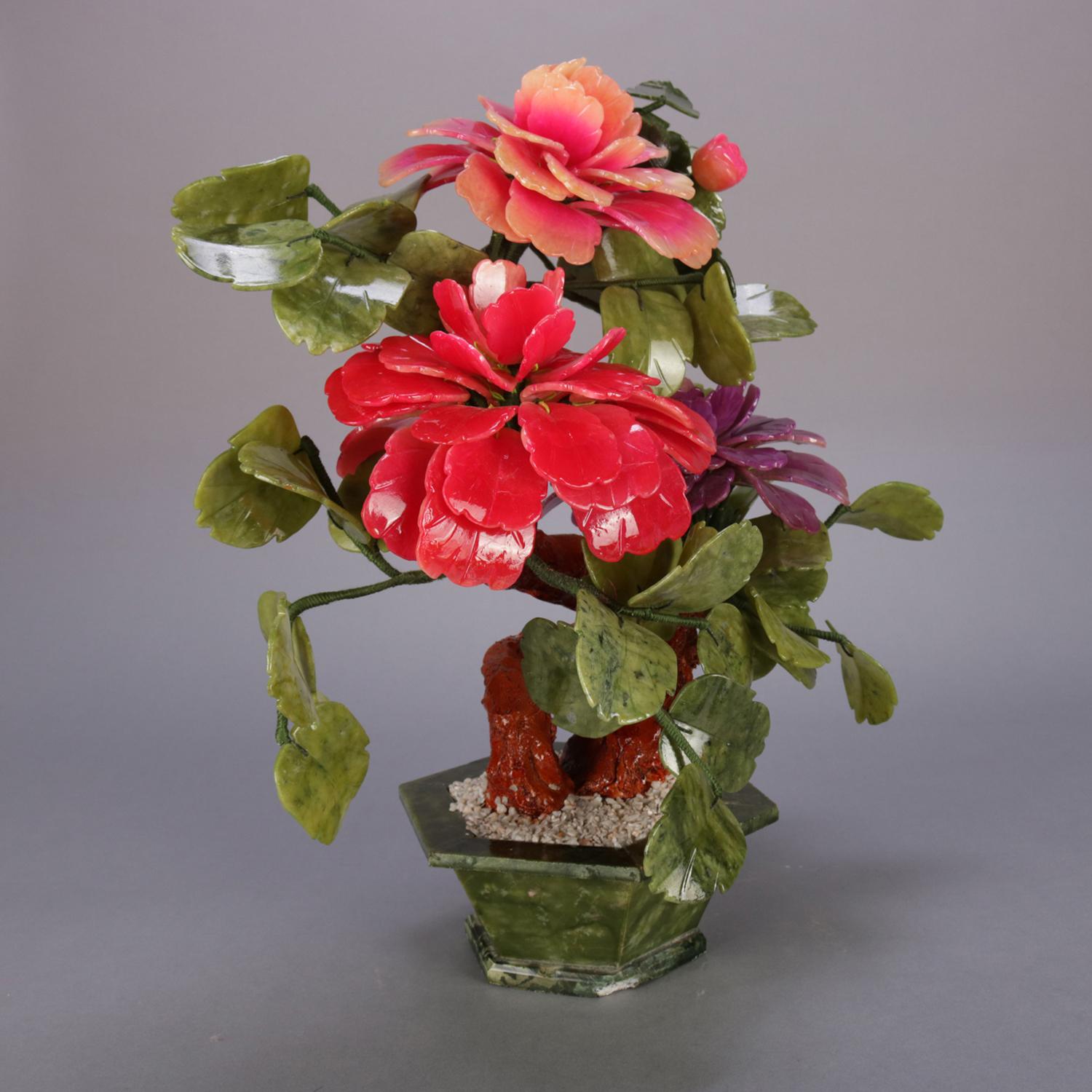 Vintage Chinese Jade Tree Sculpture with Peonies, 20th Century at 1stDibs