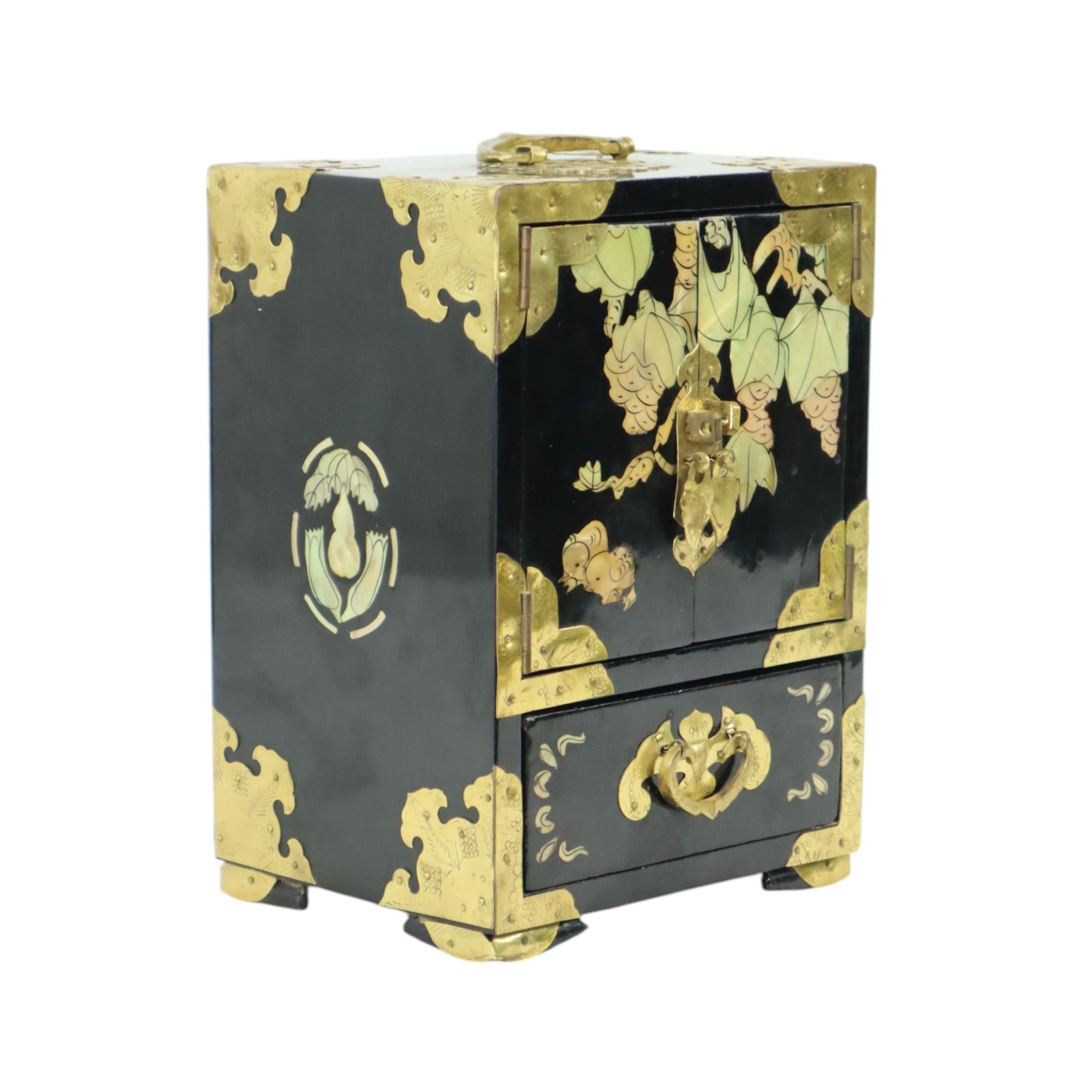 Chinoiserie Vintage Chinese Jewelry Box Lacquered Wood Mother of Pearl Brass For Sale