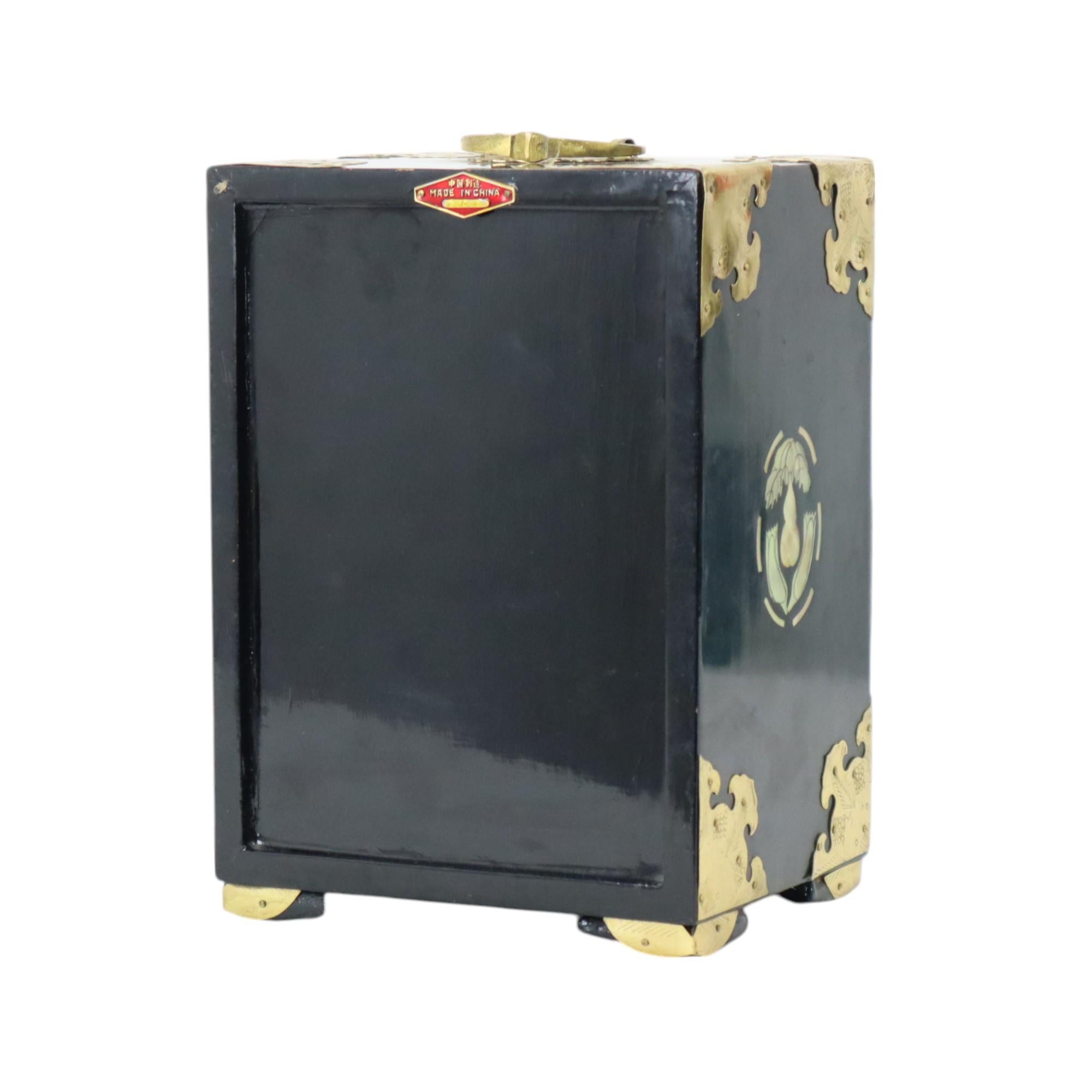 Inlay Vintage Chinese Jewelry Box Lacquered Wood Mother of Pearl Brass For Sale