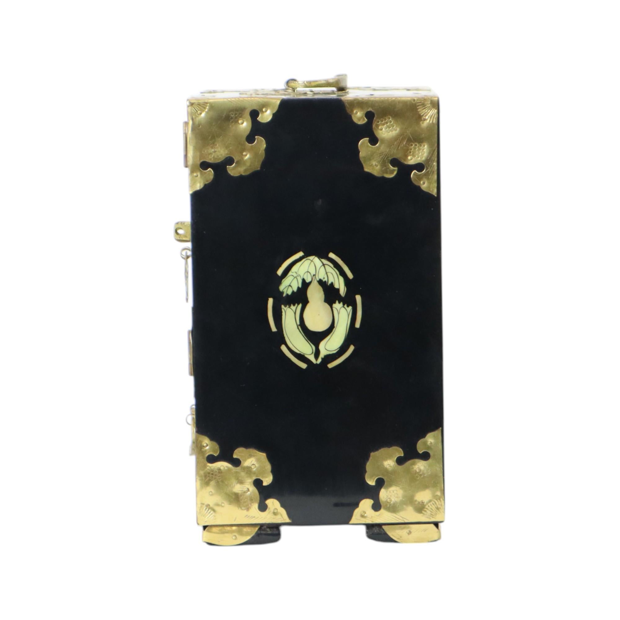 20th Century Vintage Chinese Jewelry Box Lacquered Wood Mother of Pearl Brass For Sale