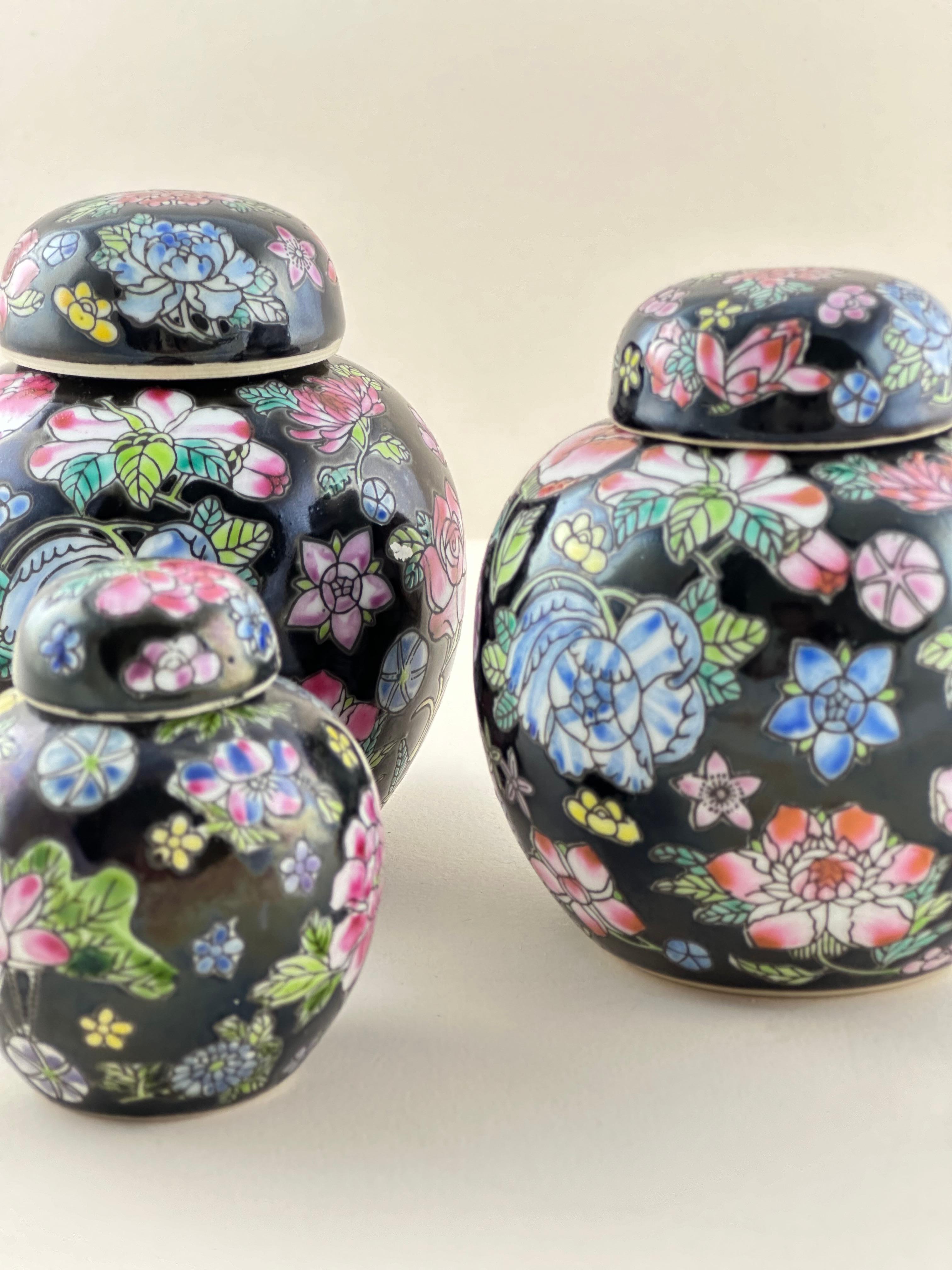 Etched Vintage Chinese Jingdezhen Porcelain  'Famille Noire' Ginger Jars - Set of 3  For Sale