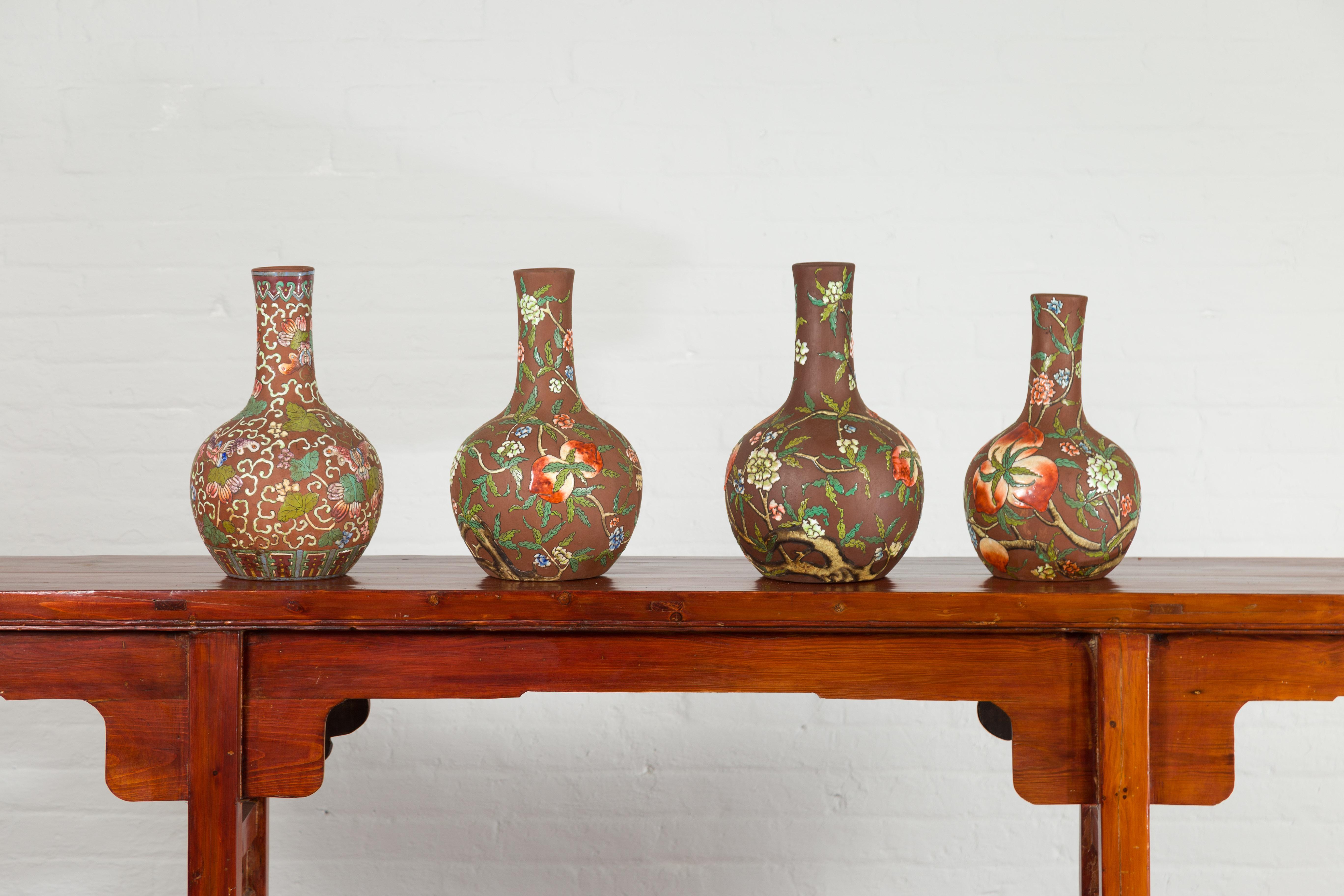 Vintage Chinese Kendi Shape Porcelain Vases with Raised Floral and Fruit Décor For Sale 4