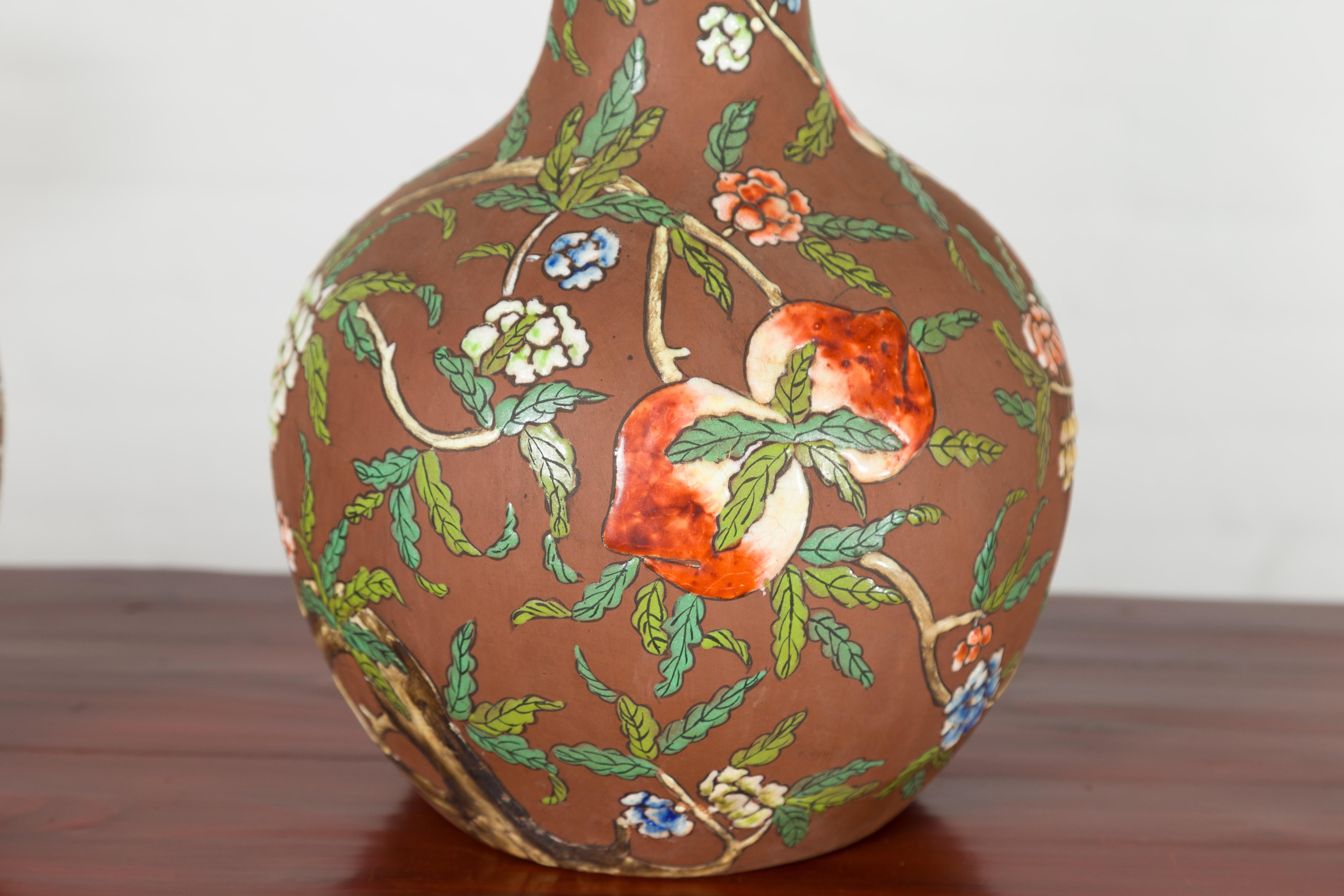 Vintage Chinese Kendi Shape Porcelain Vases with Raised Floral and Fruit Décor For Sale 5