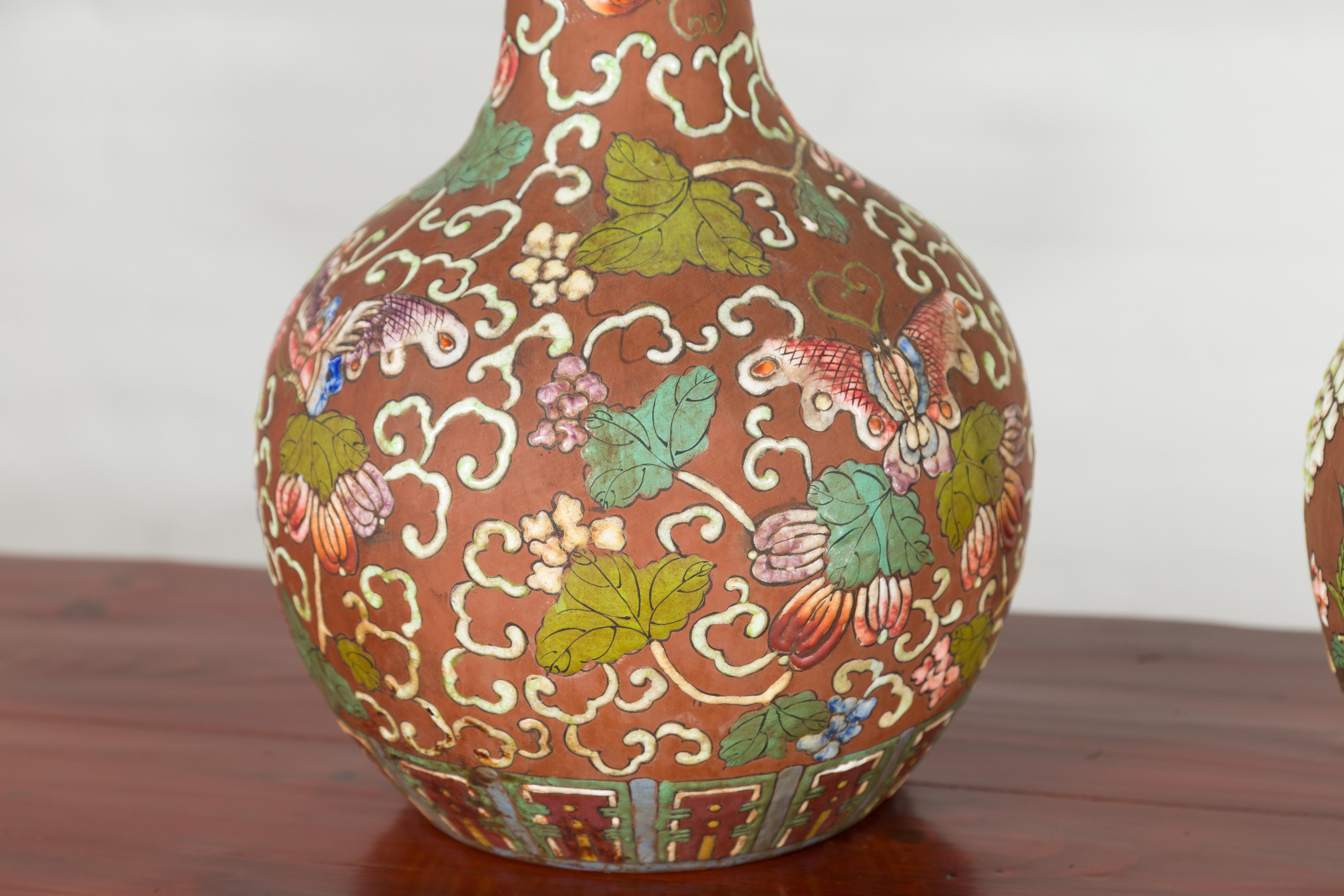 Vintage Chinese Kendi Shape Porcelain Vases with Raised Floral and Fruit Décor For Sale 8