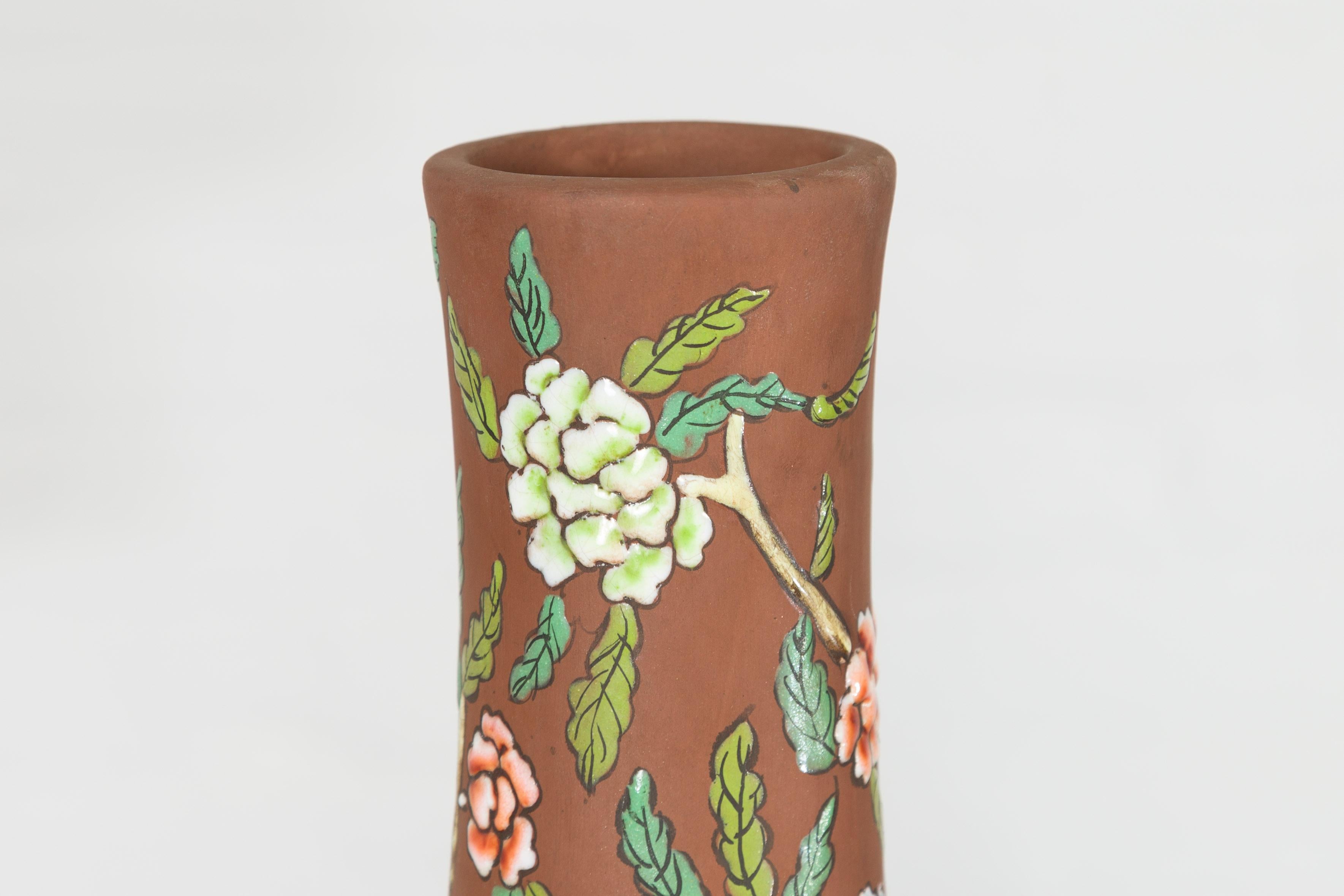 Vintage Chinese Kendi Shape Porcelain Vases with Raised Floral and Fruit Décor For Sale 10
