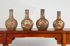 Vintage Chinese Kendi Shape Porcelain Vases with Raised Floral and Fruit Décor