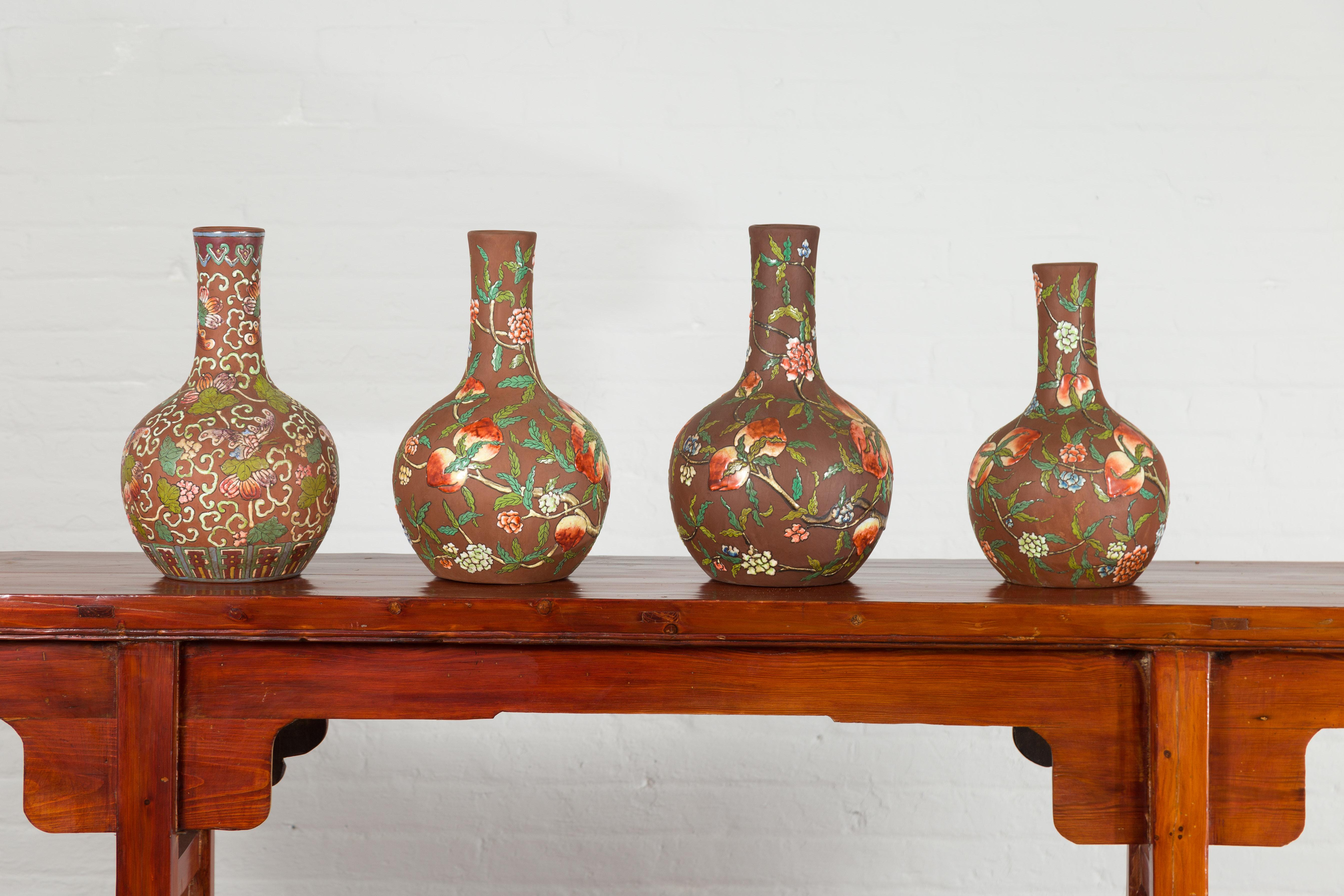 Vintage Chinese Kendi Shape Porcelain Vases with Raised Floral and Fruit Décor For Sale 2