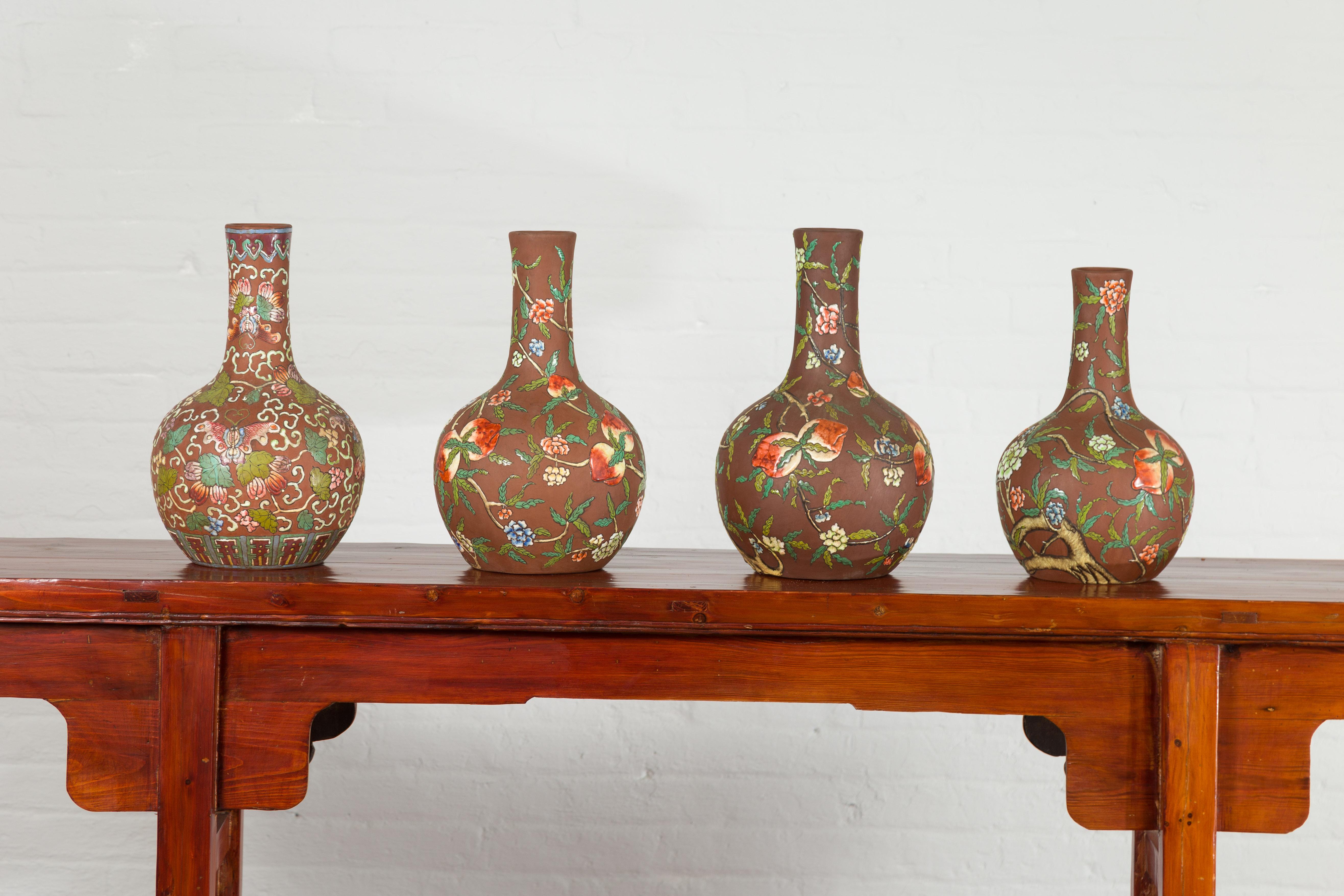 Vintage Chinese Kendi Shape Porcelain Vases with Raised Floral and Fruit Décor For Sale 3