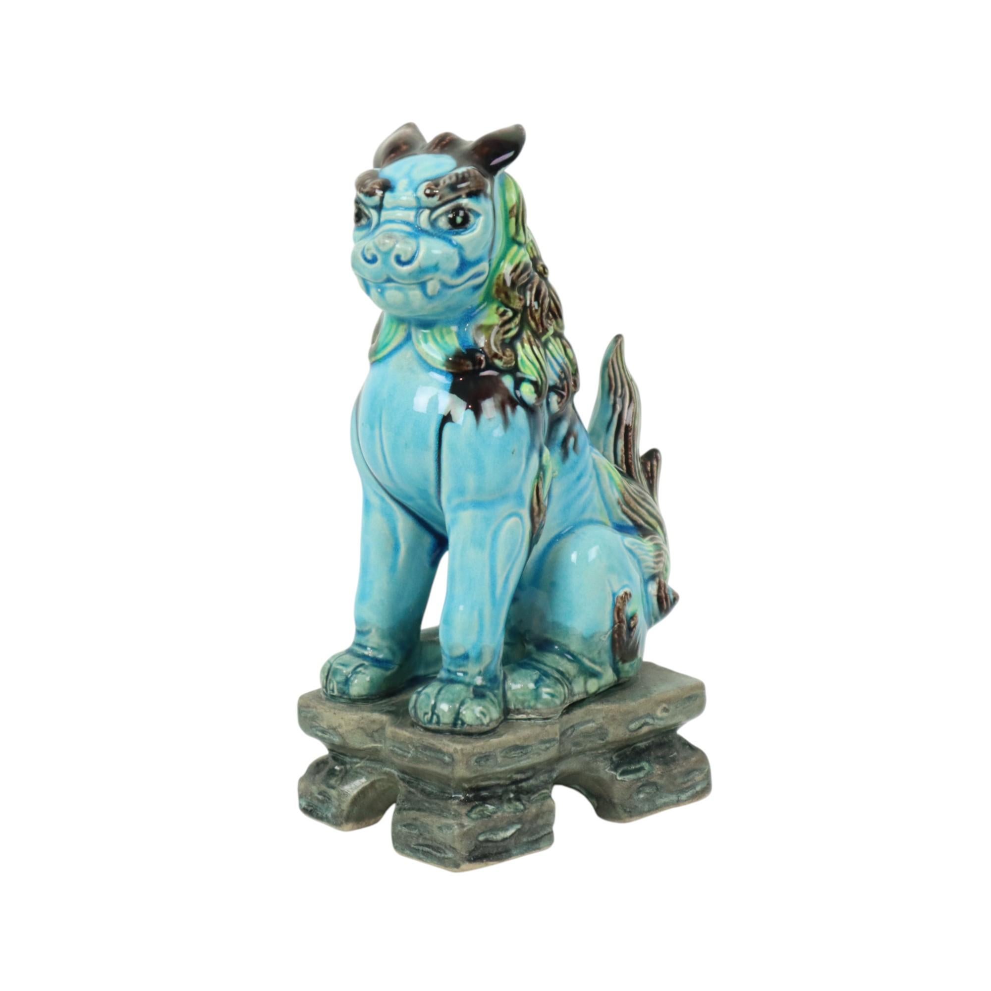 Cineserie Vintage cinese Komainu Guardian Lion Foo Dog Blu 19cm in vendita