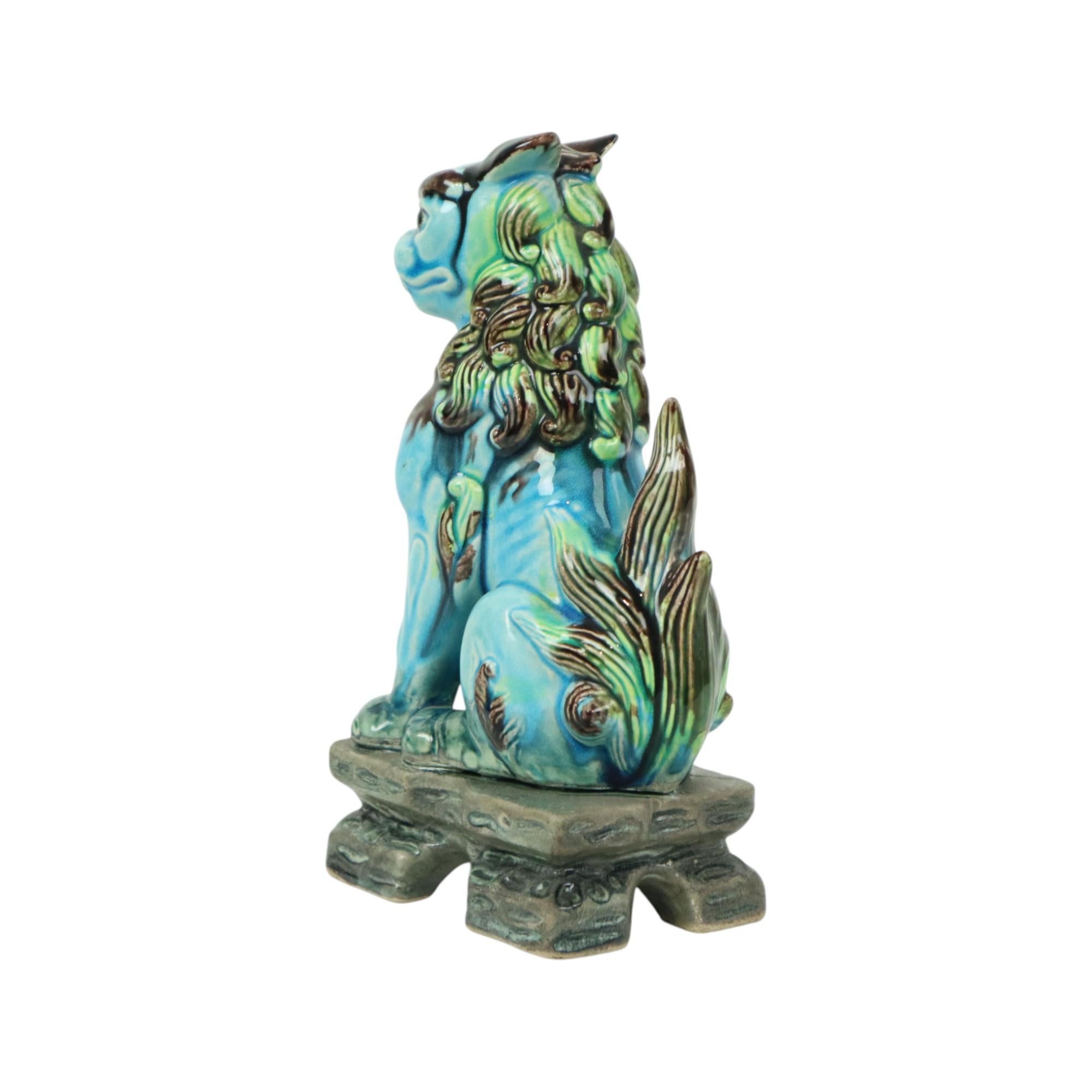 Smaltato Vintage cinese Komainu Guardian Lion Foo Dog Blu 19cm in vendita