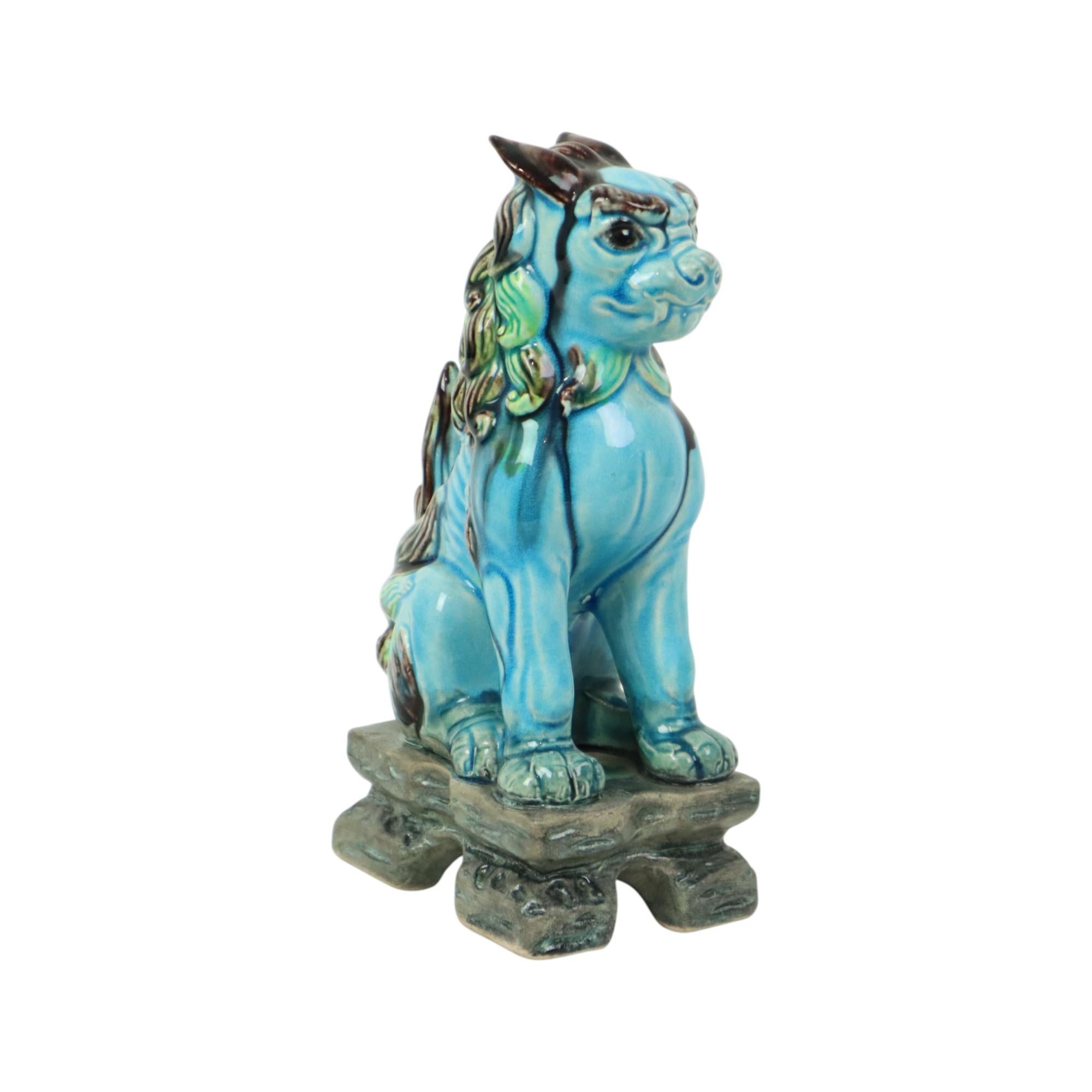 Ceramica Vintage cinese Komainu Guardian Lion Foo Dog Blu 19cm in vendita