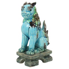 Vintage cinese Komainu Guardian Lion Foo Dog Blu 19cm
