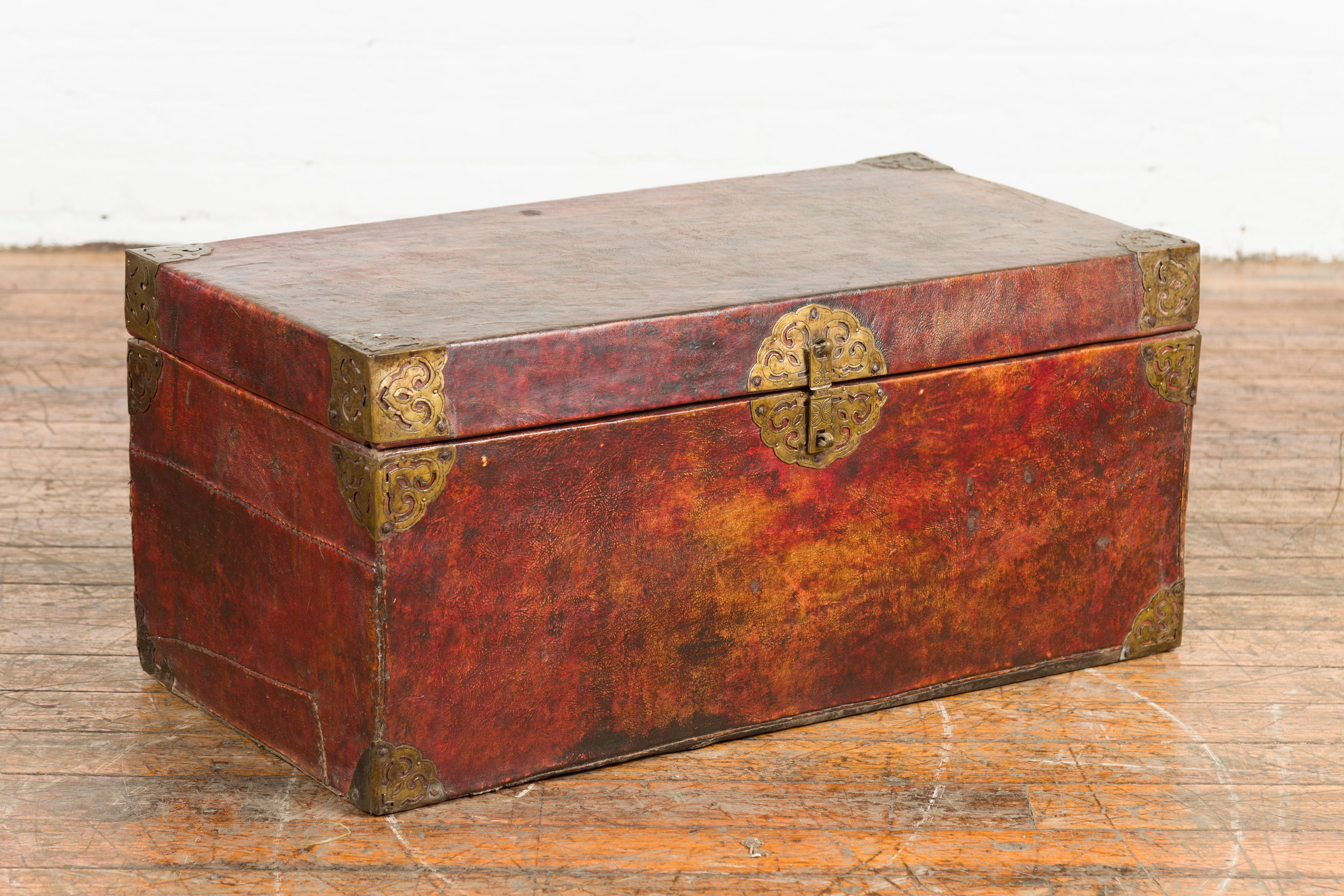 Chinese Vintage Leather Blanket Chest with Reddish Brown Patina For Sale