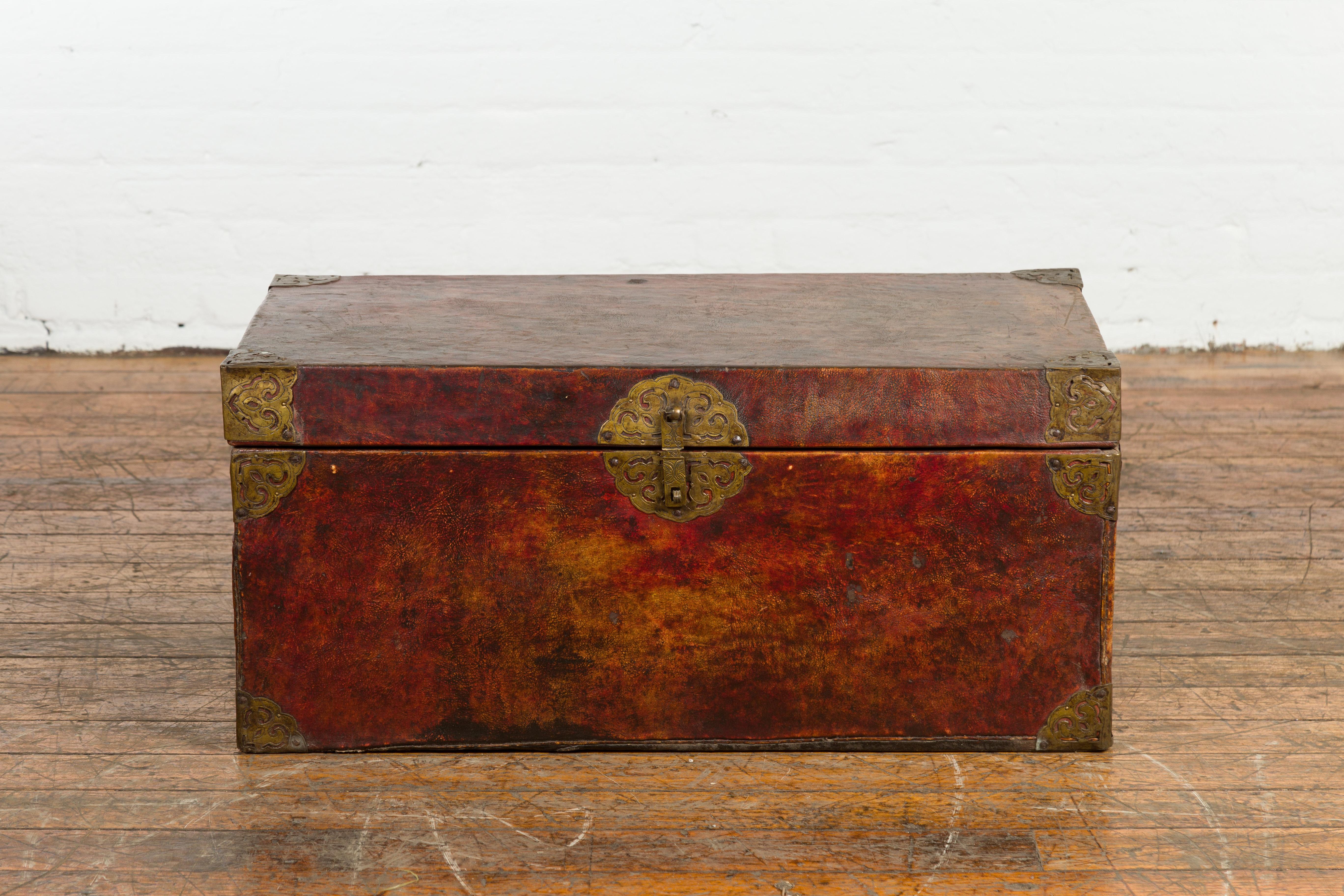 Lacquered Vintage Leather Blanket Chest with Reddish Brown Patina For Sale