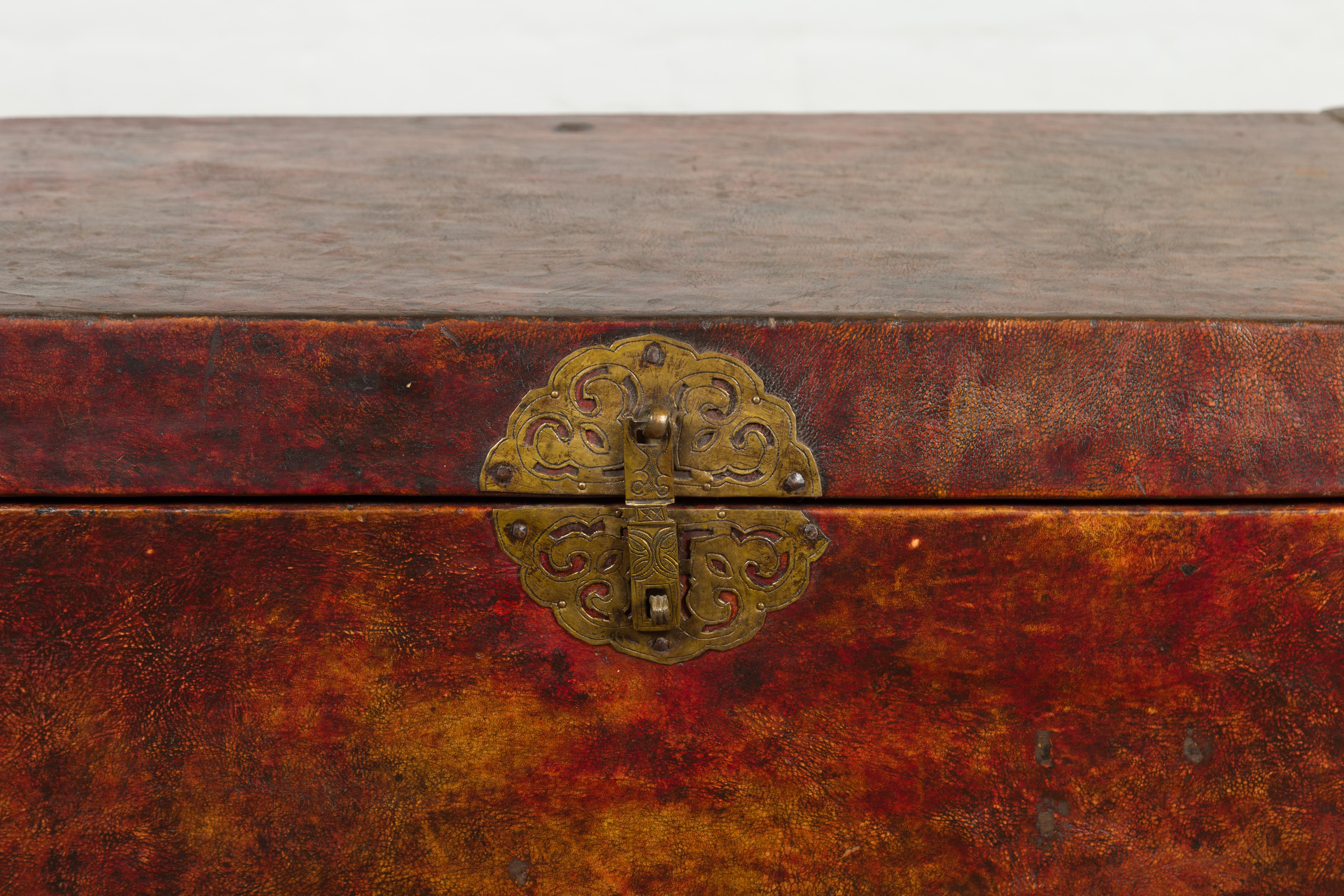 Brass Vintage Leather Blanket Chest with Reddish Brown Patina For Sale