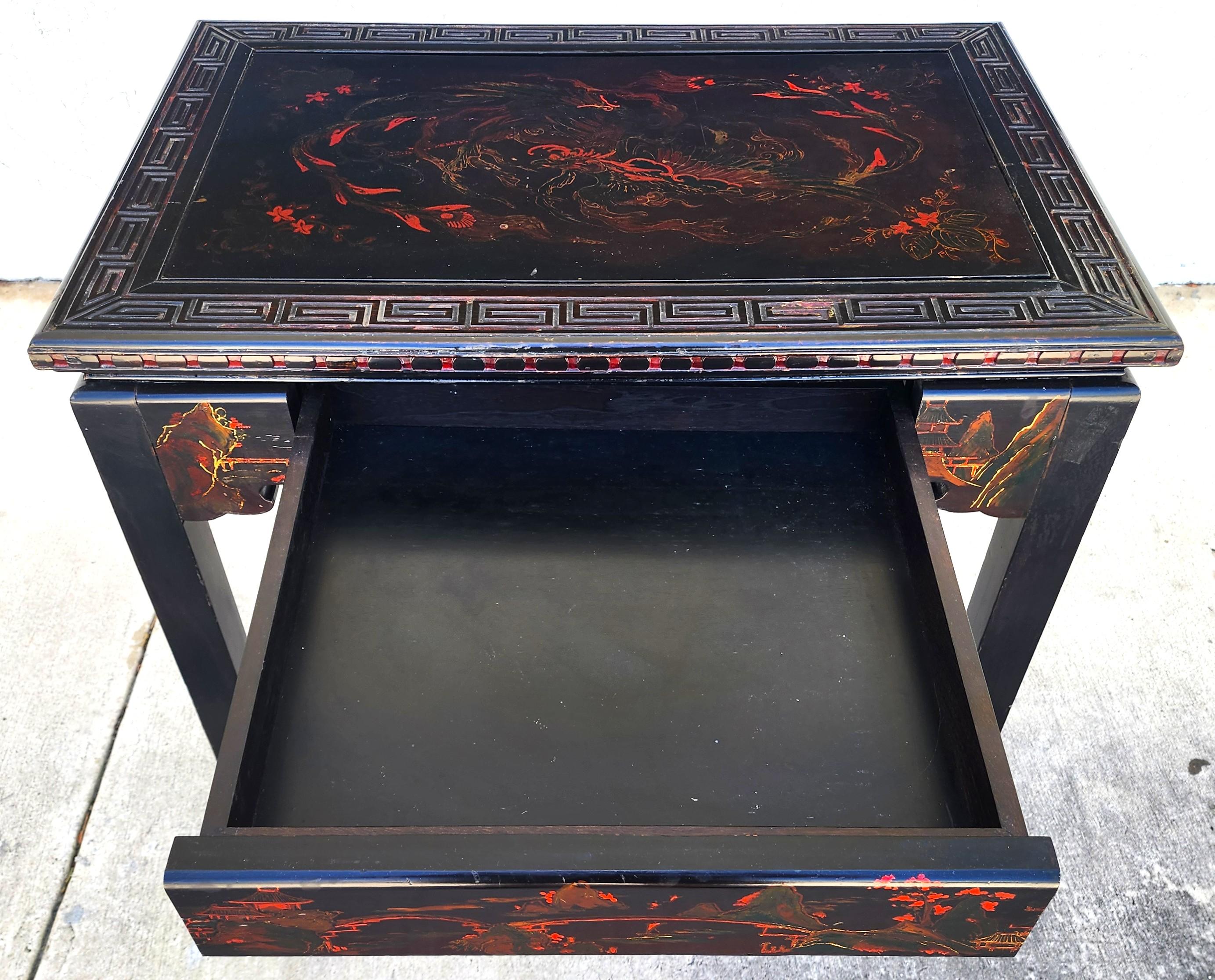 Vintage Chinese Lackiert Tisch Schreibtisch Asiatisch Handbemalt (Chinoiserie) im Angebot