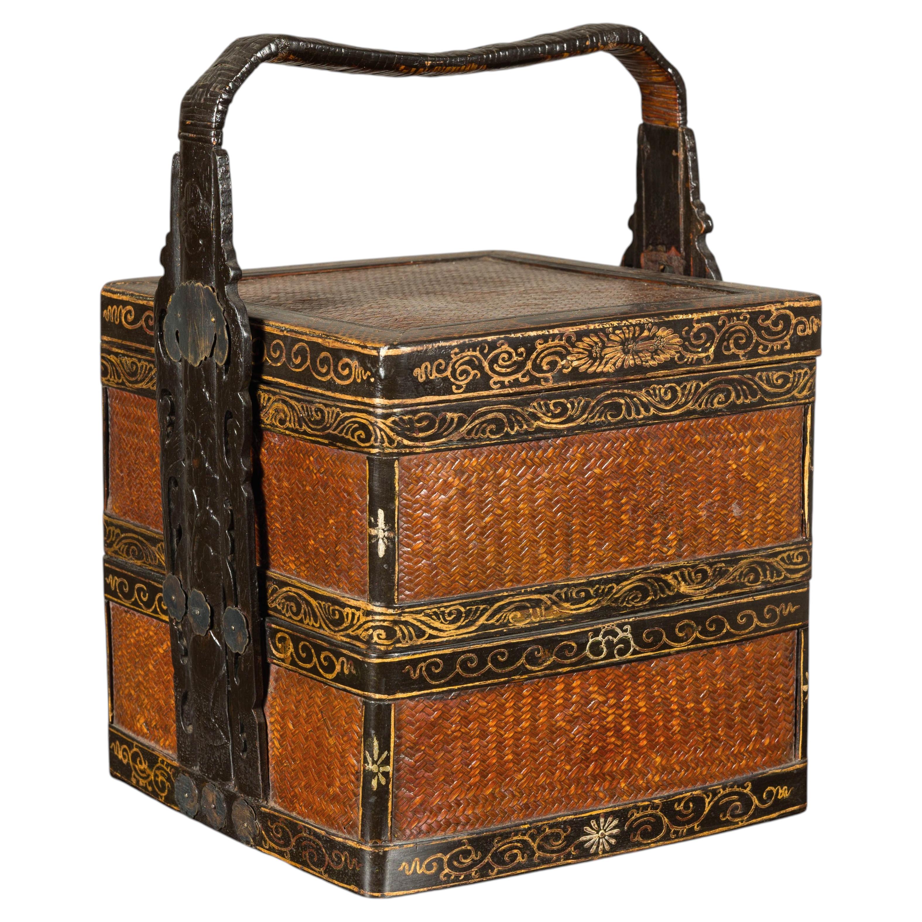 Vintage Chinese Lacquered Wedding Basket with Woven Bamboo Panels