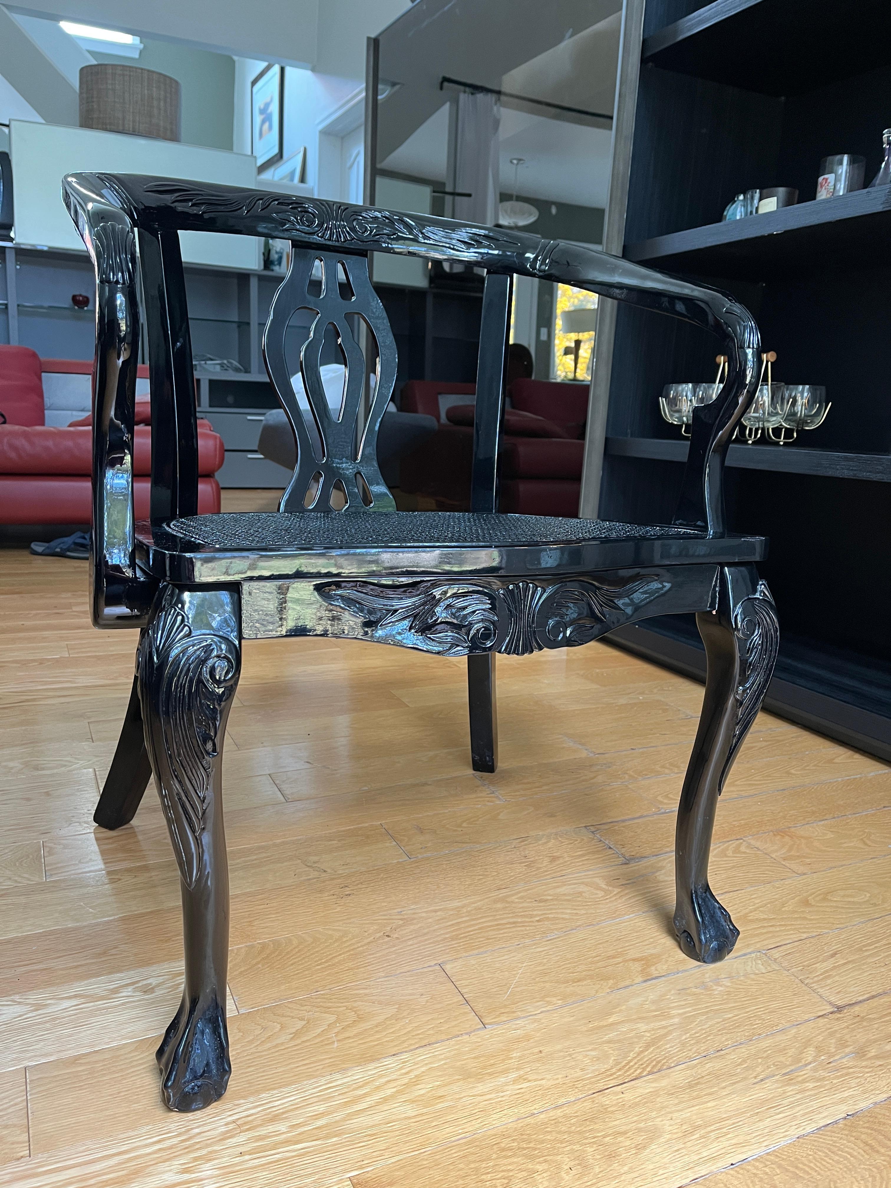 Vintage Chinese Lacquered Wood Side Chair with Cane Seat & Decorated Detail In Good Condition For Sale In Southampton, NJ