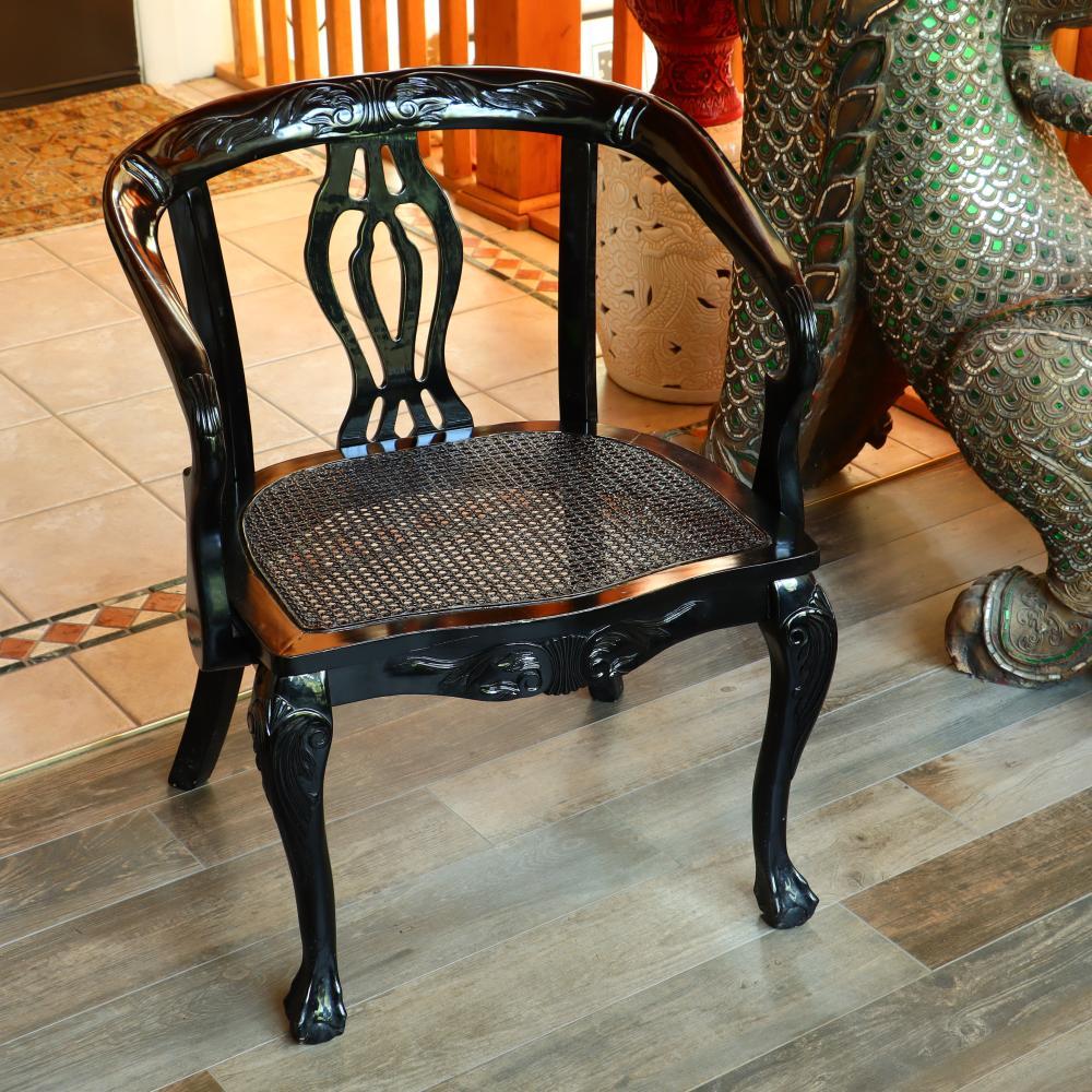 Mid-20th Century Vintage Chinese Lacquered Wood Side Chair with Cane Seat & Decorated Detail For Sale