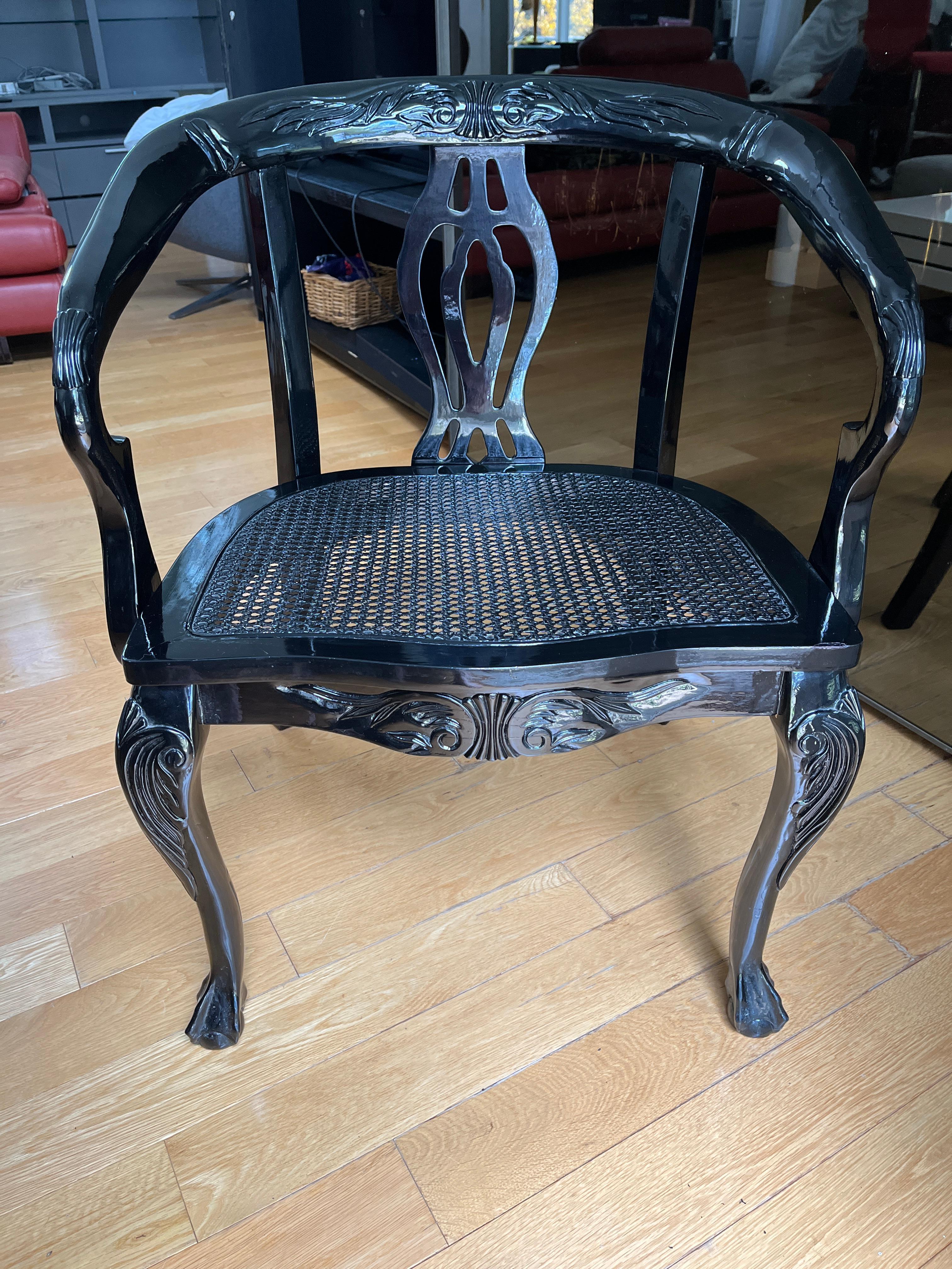 Vintage Chinese Lacquered Wood Side Chair with Cane Seat & Decorated Detail For Sale 3