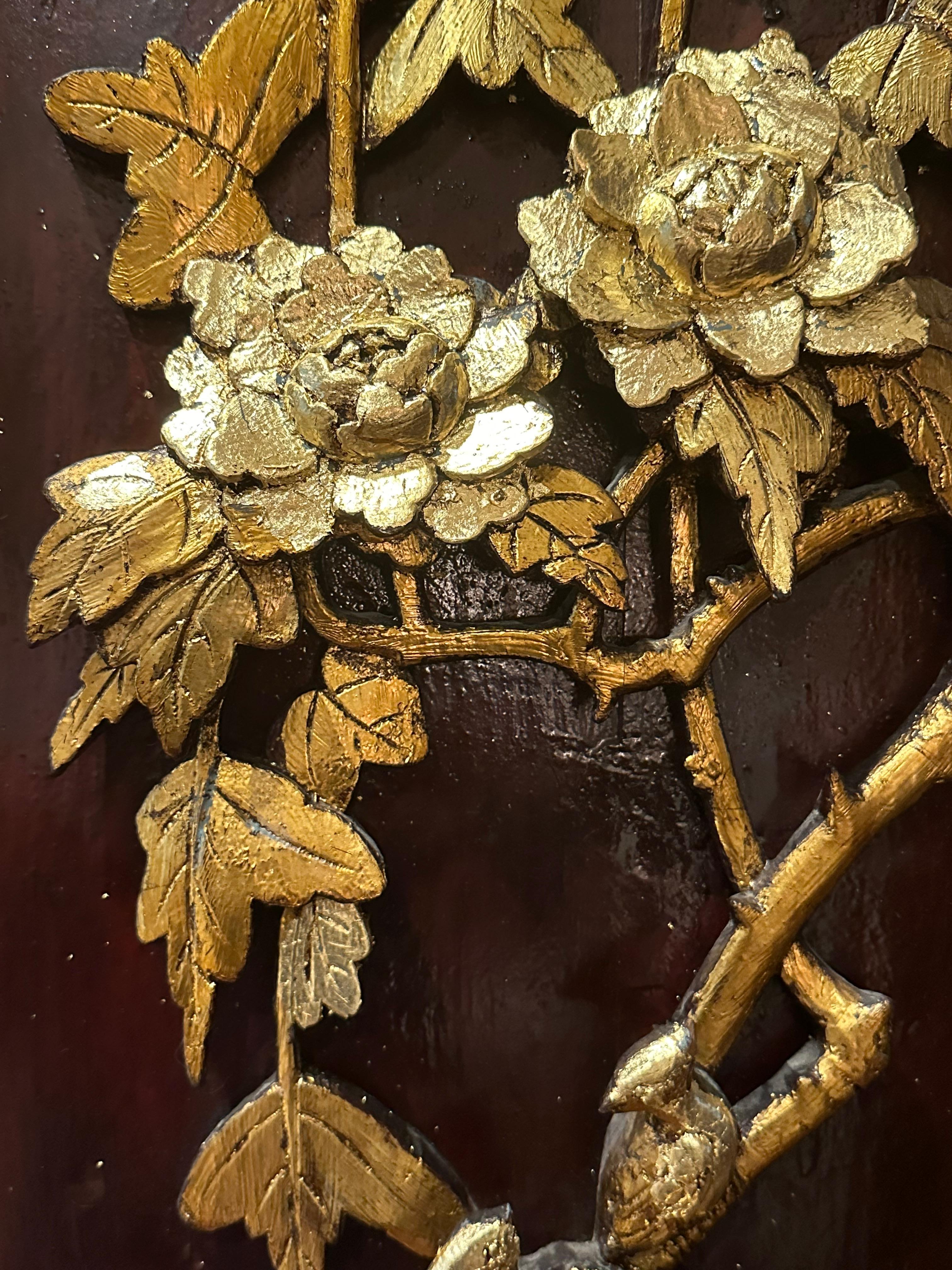 Hand-Carved Vintage Chinese Large Hand Carved and Gilded Wood Panel For Sale