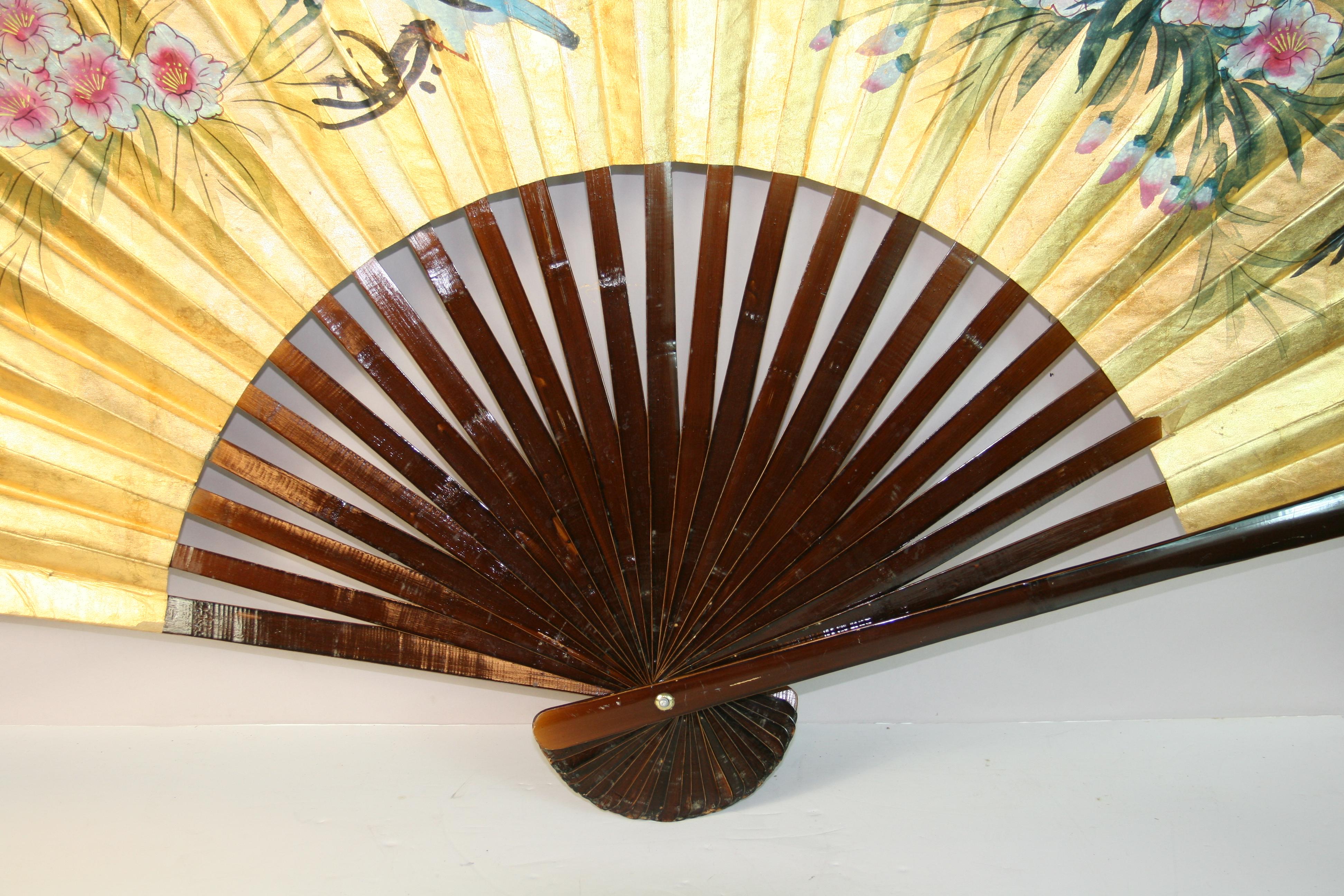 Vintage Chinese Large Hand Painted Birds and Flowers Fan/ Screen For Sale 5