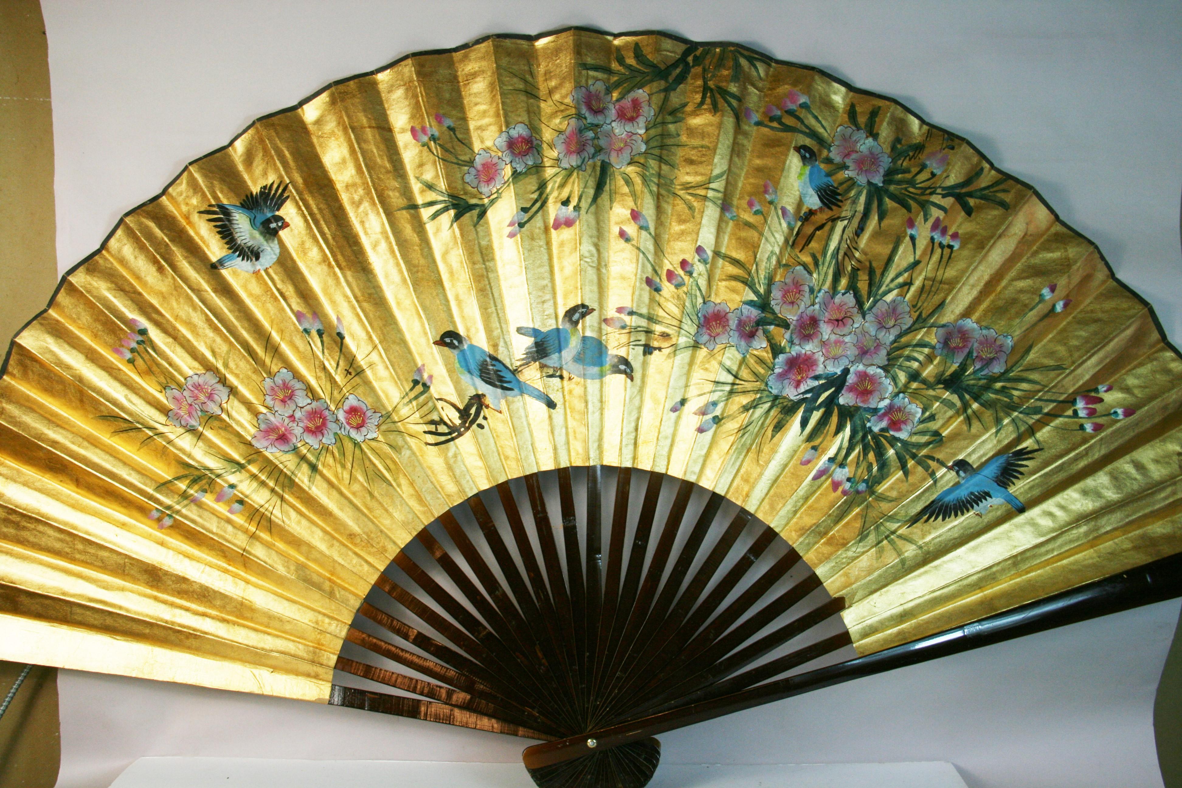 Vintage Chinese Large Hand Painted Birds and Flowers Fan/ Screen For Sale 6
