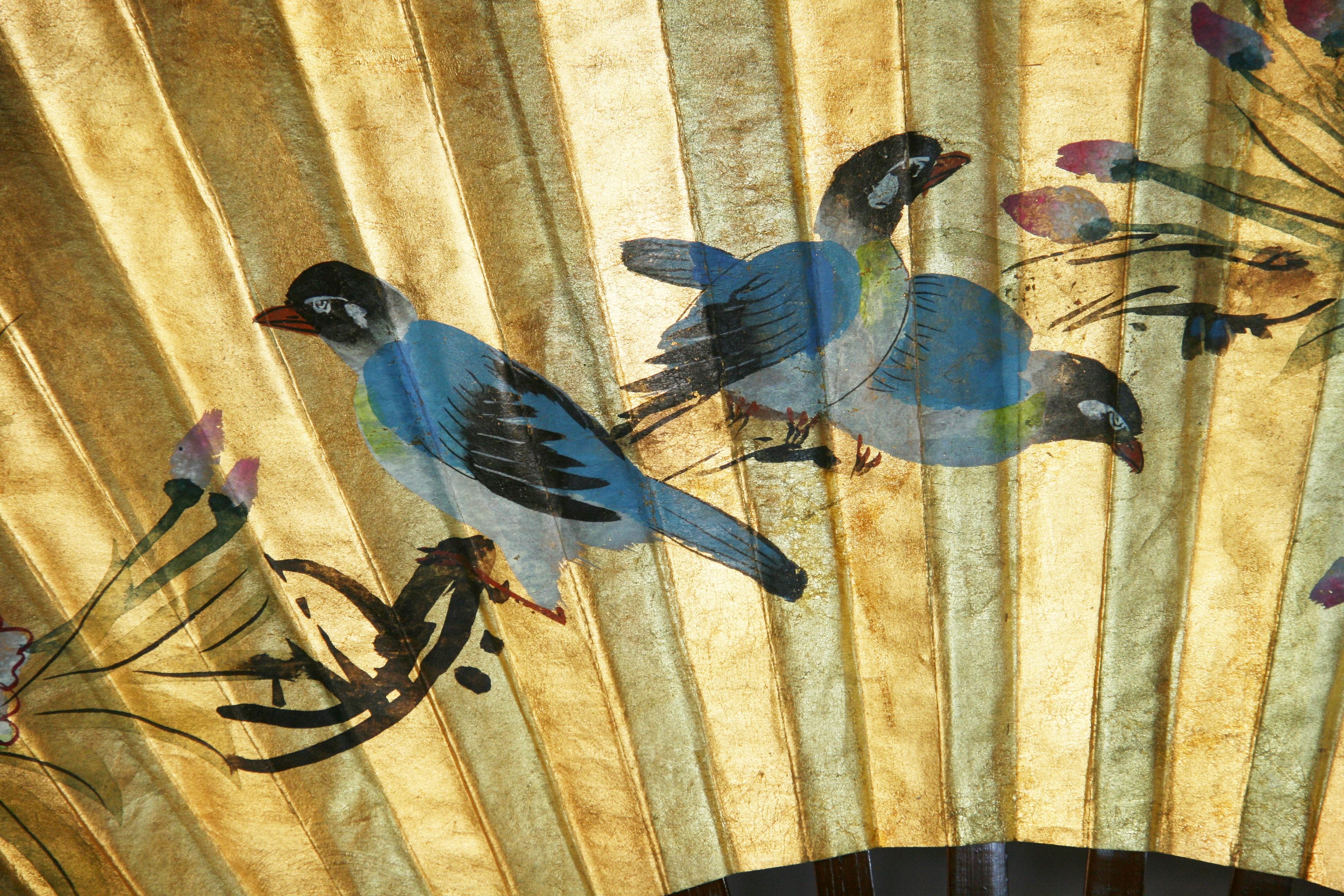Vintage Chinese Large Hand Painted Birds and Flowers Fan/ Screen For Sale 7