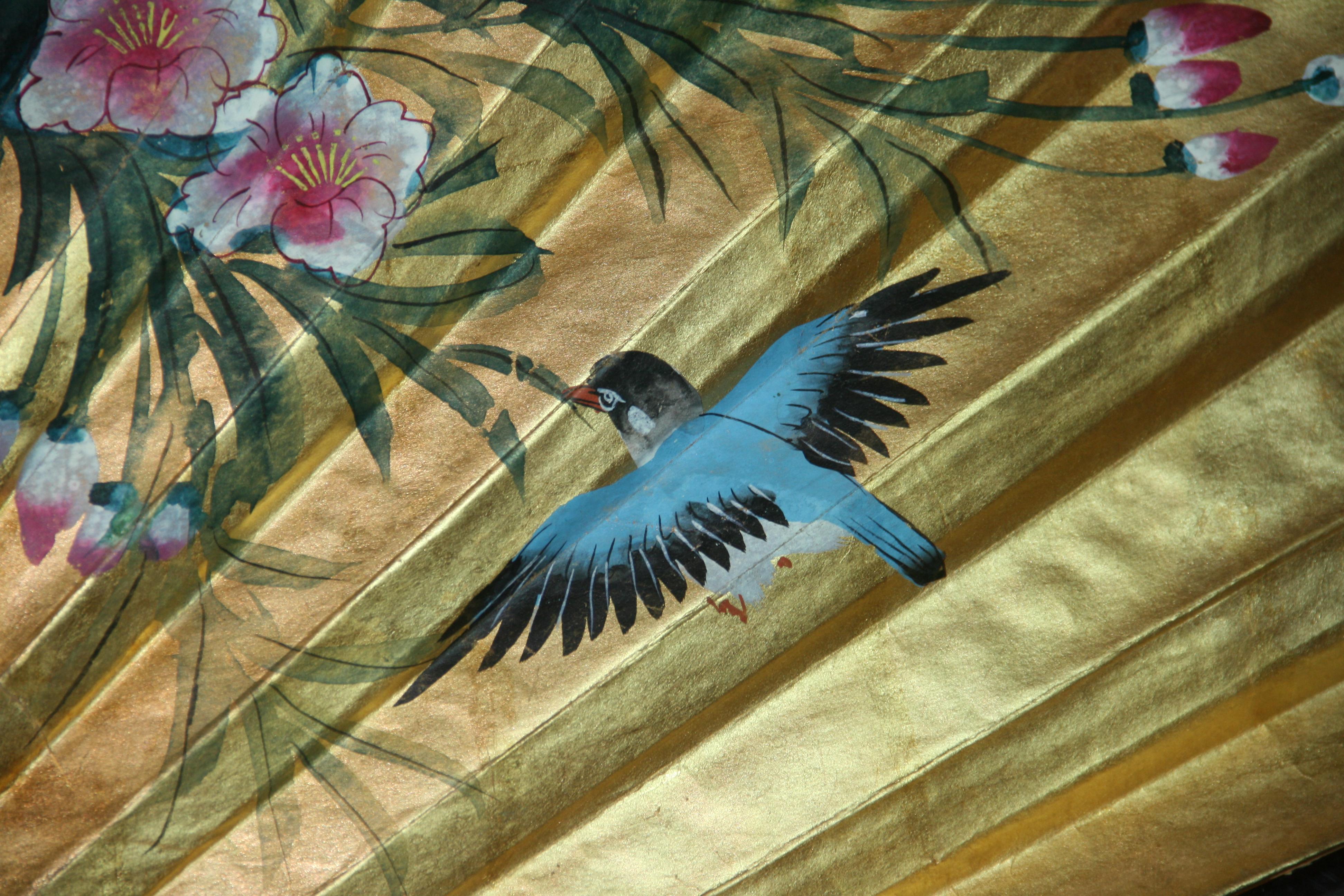 Vintage Chinese Large Hand Painted Birds and Flowers Fan/ Screen For Sale 8