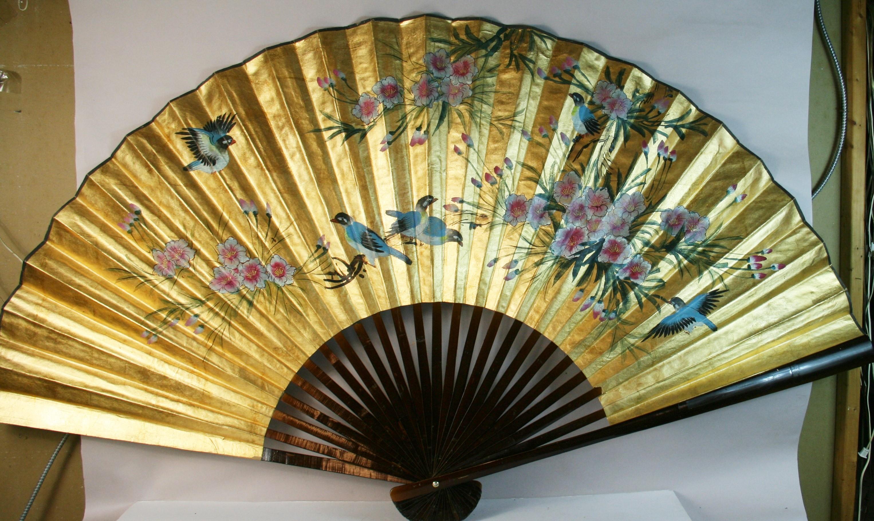 1746 Vintage Chinese hand painted oversized  fan / screen with colorful flowers and blue birds
Folded size 45x4x3