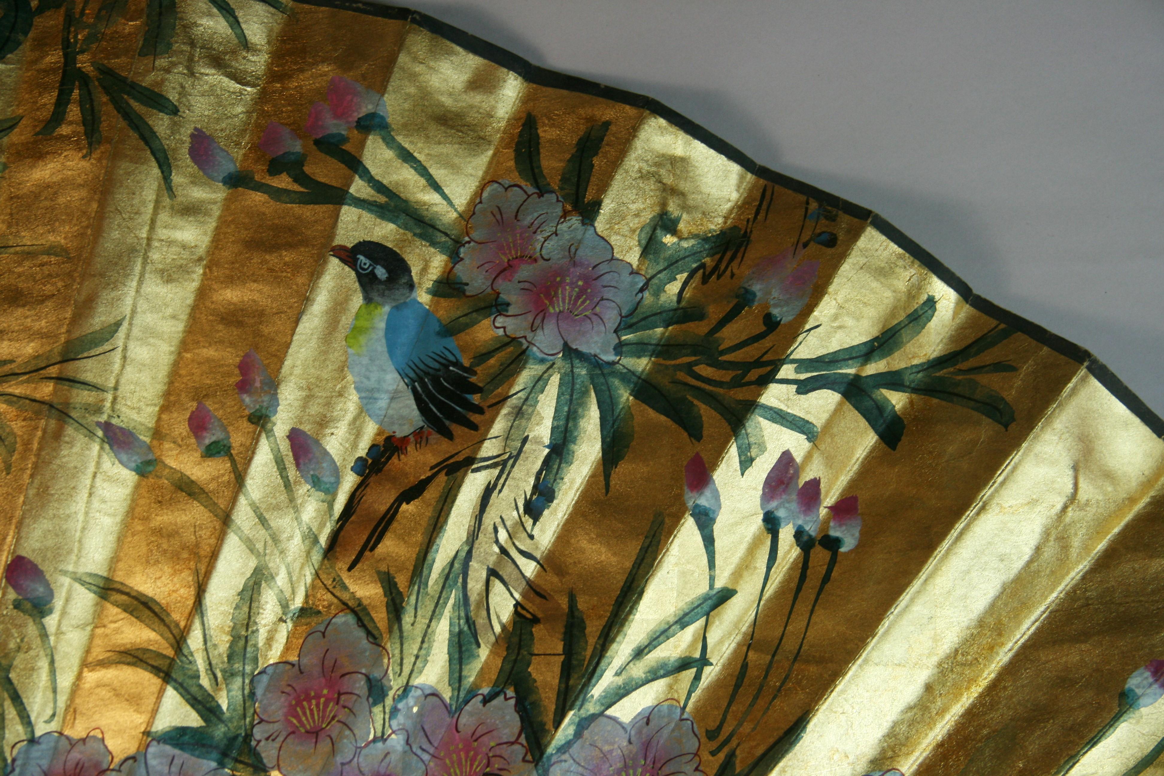 Mid-20th Century Vintage Chinese Large Hand Painted Birds and Flowers Fan/ Screen For Sale